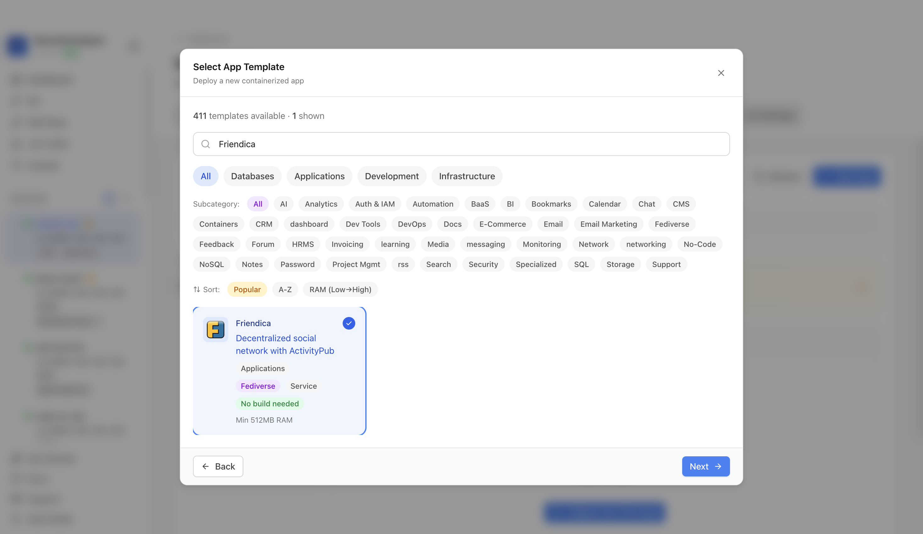 Friendica template selected in Server Compass