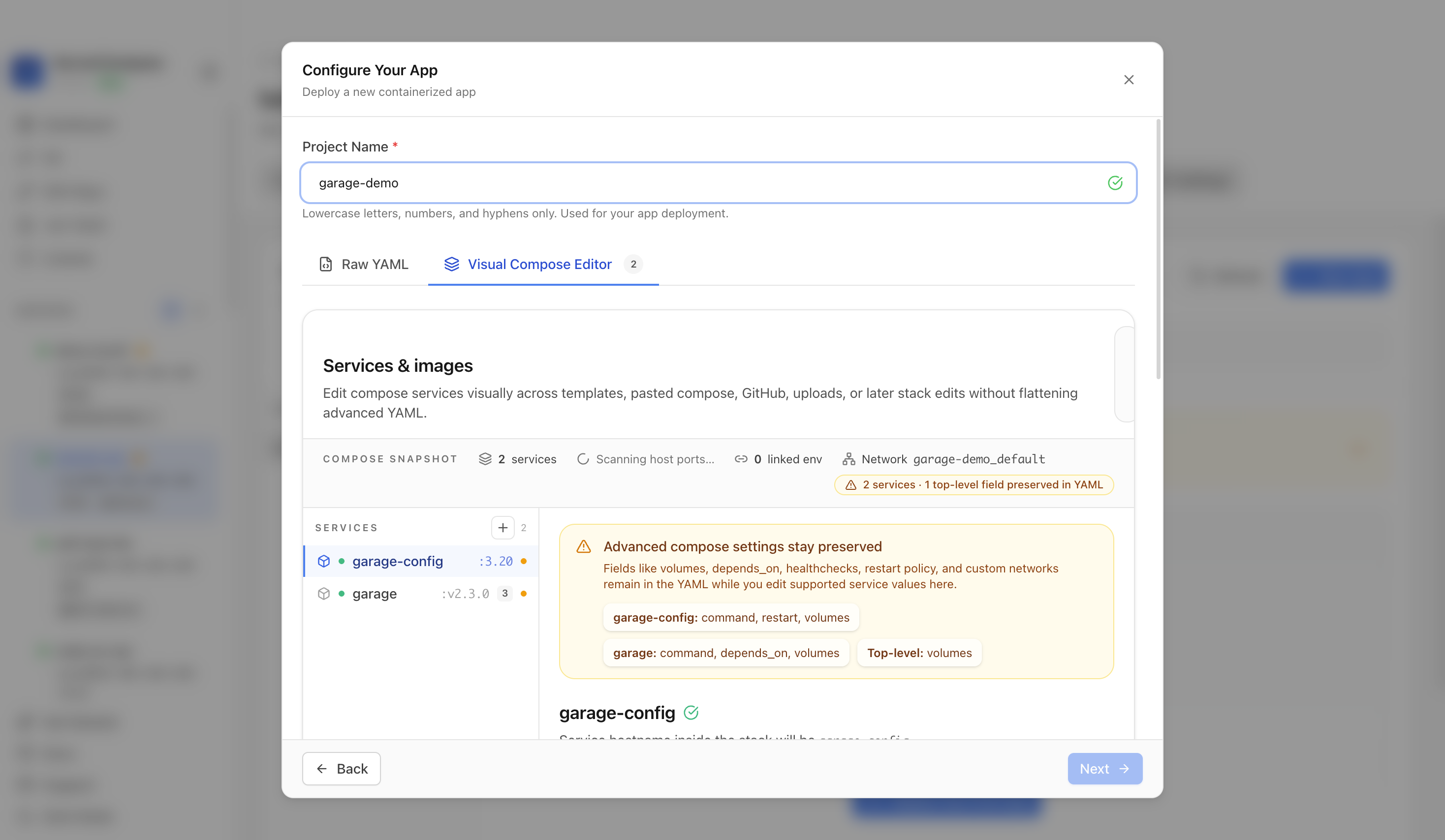 Reviewing Garage project settings and compose service