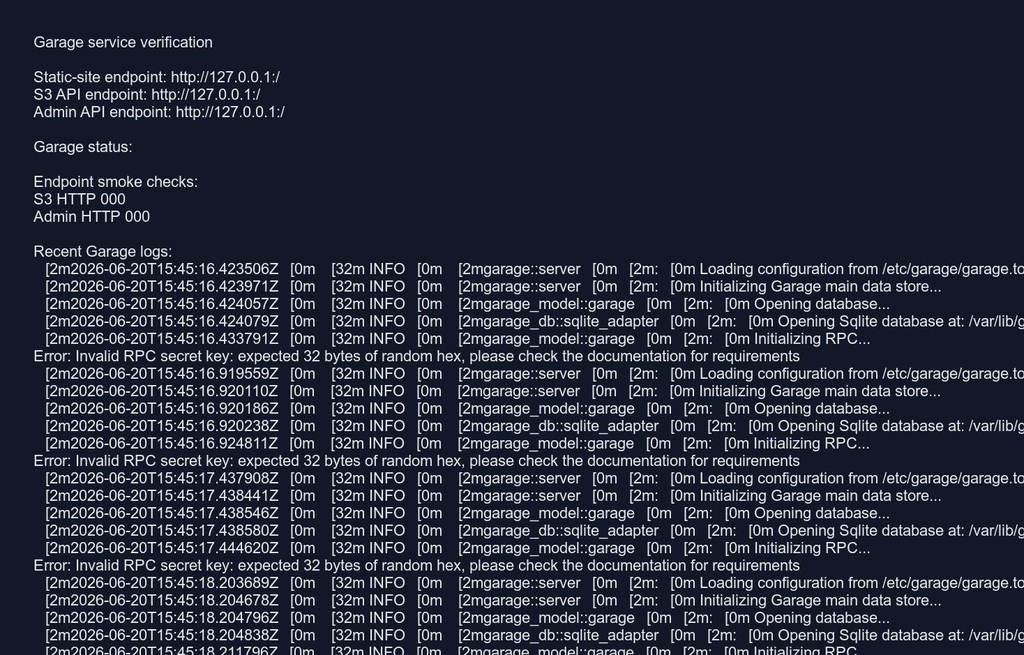 Garage service verification output from logs