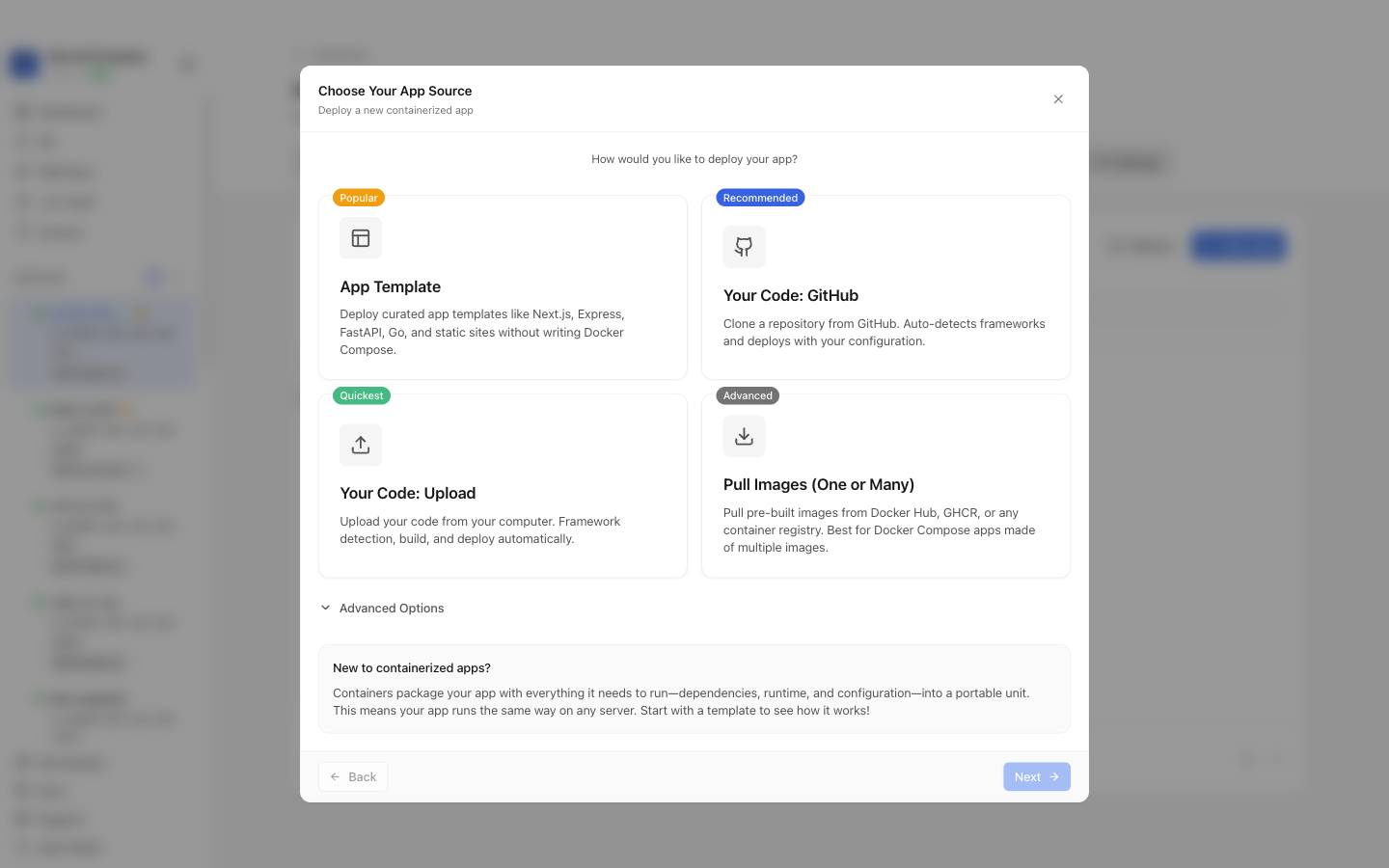 Choosing to deploy an app from a Server Compass template