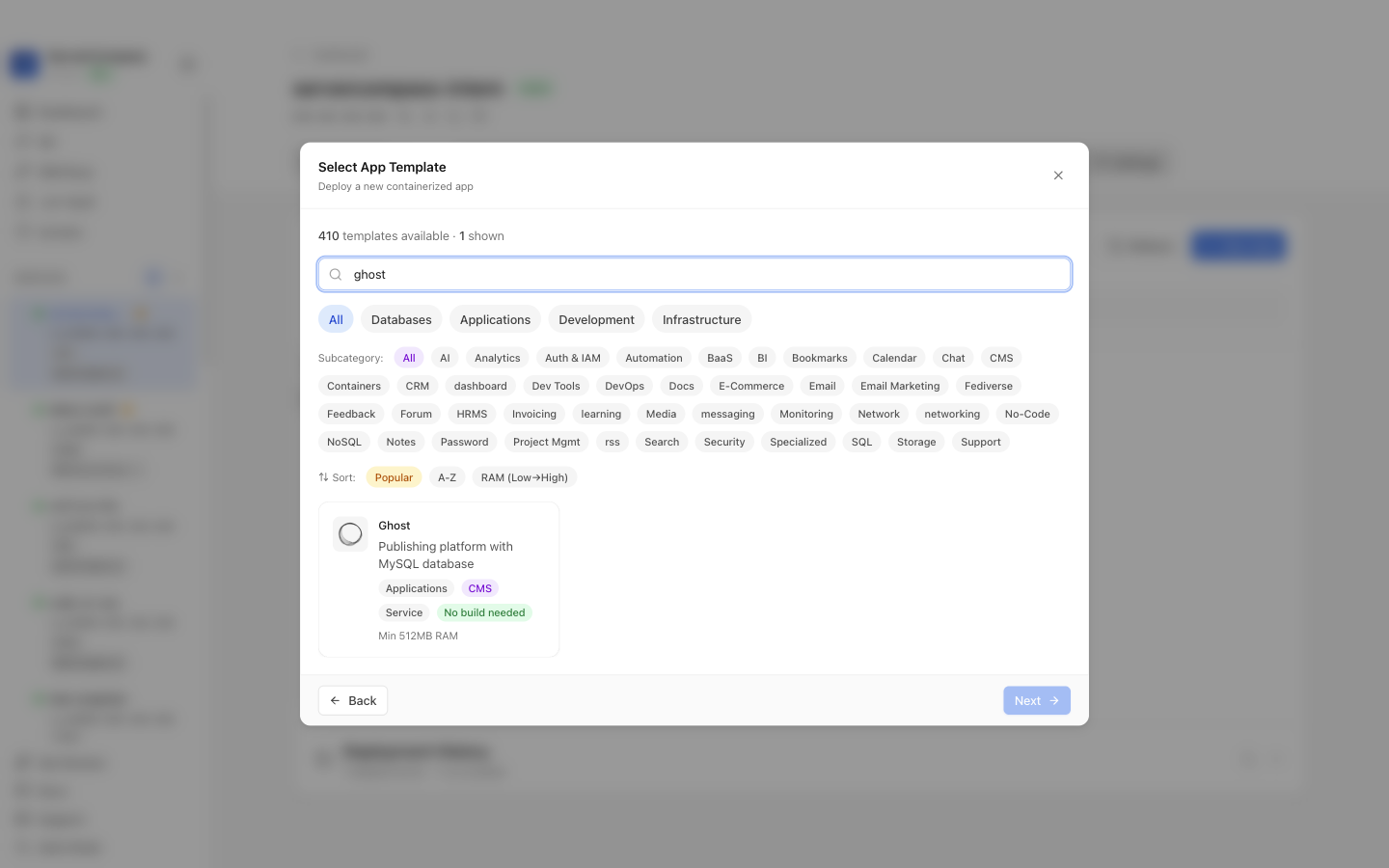 Searching for Ghost in the Server Compass template picker