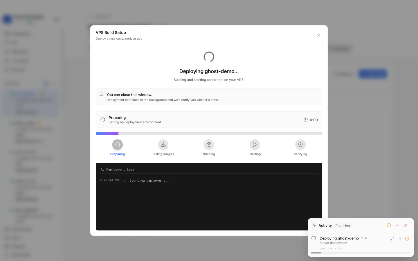 Server Compass deploying the Ghost template on the VPS