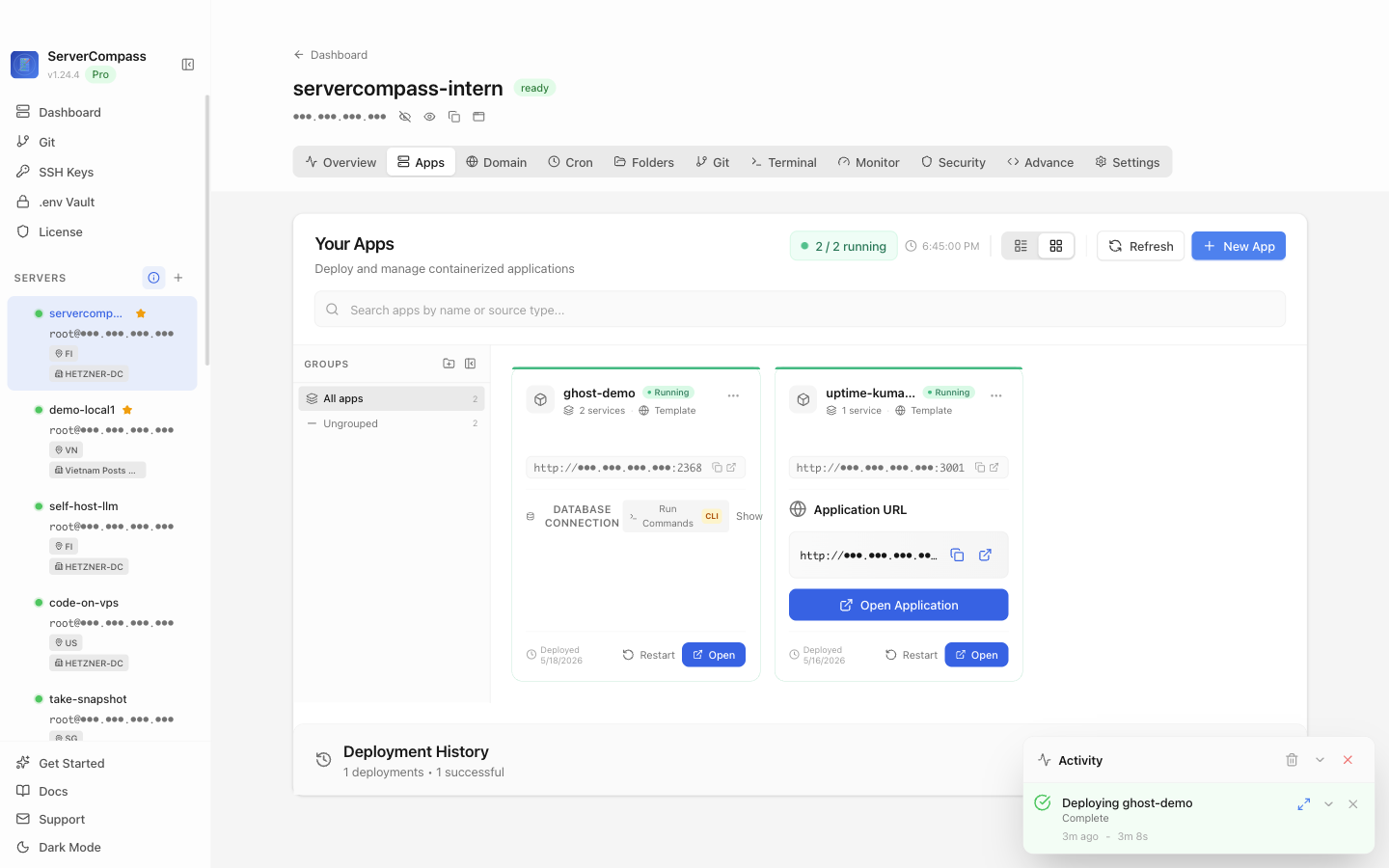 Ghost template running in the Server Compass Apps tab