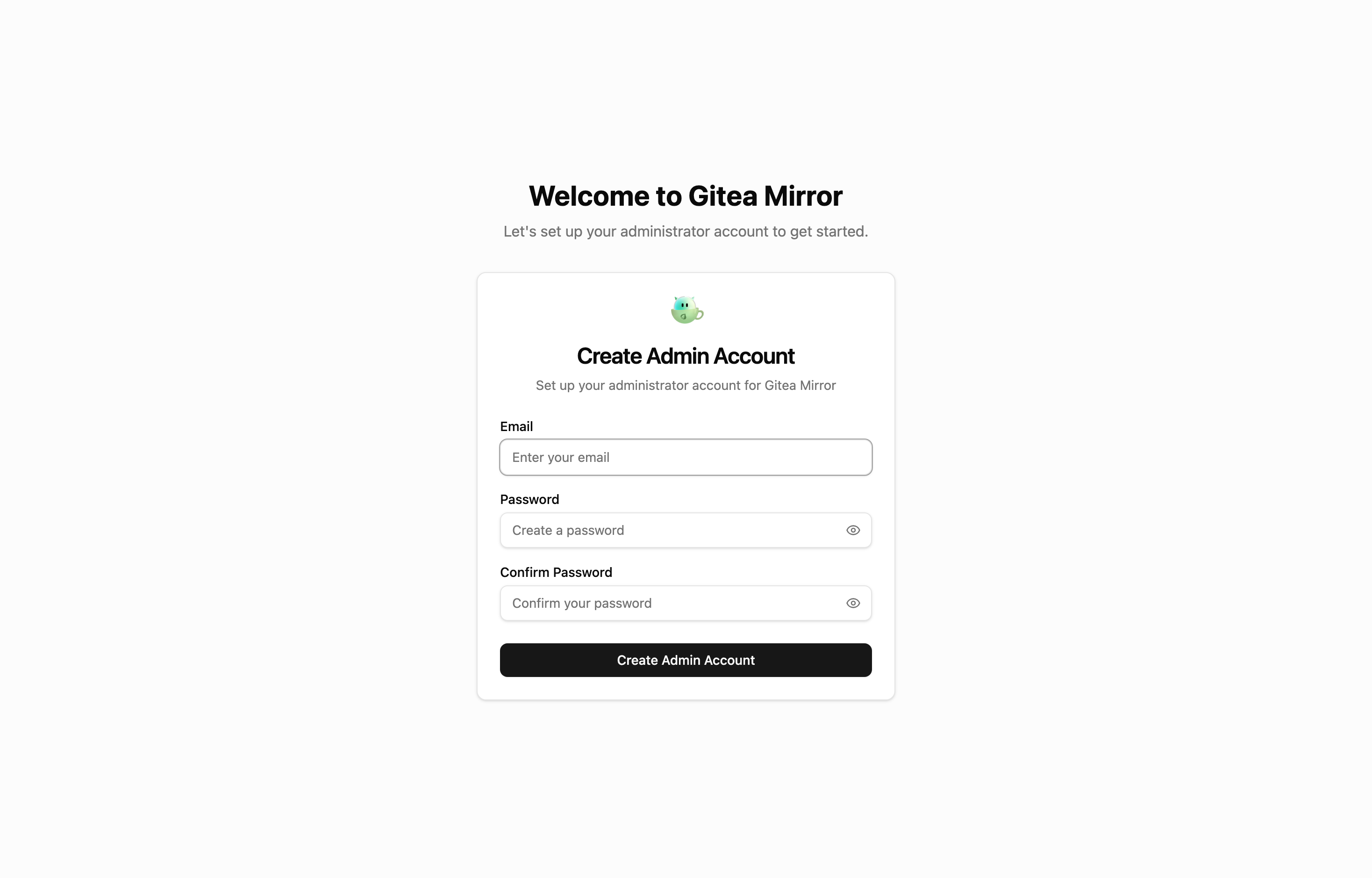 The deployed Gitea Mirror setup UI loaded in a browser