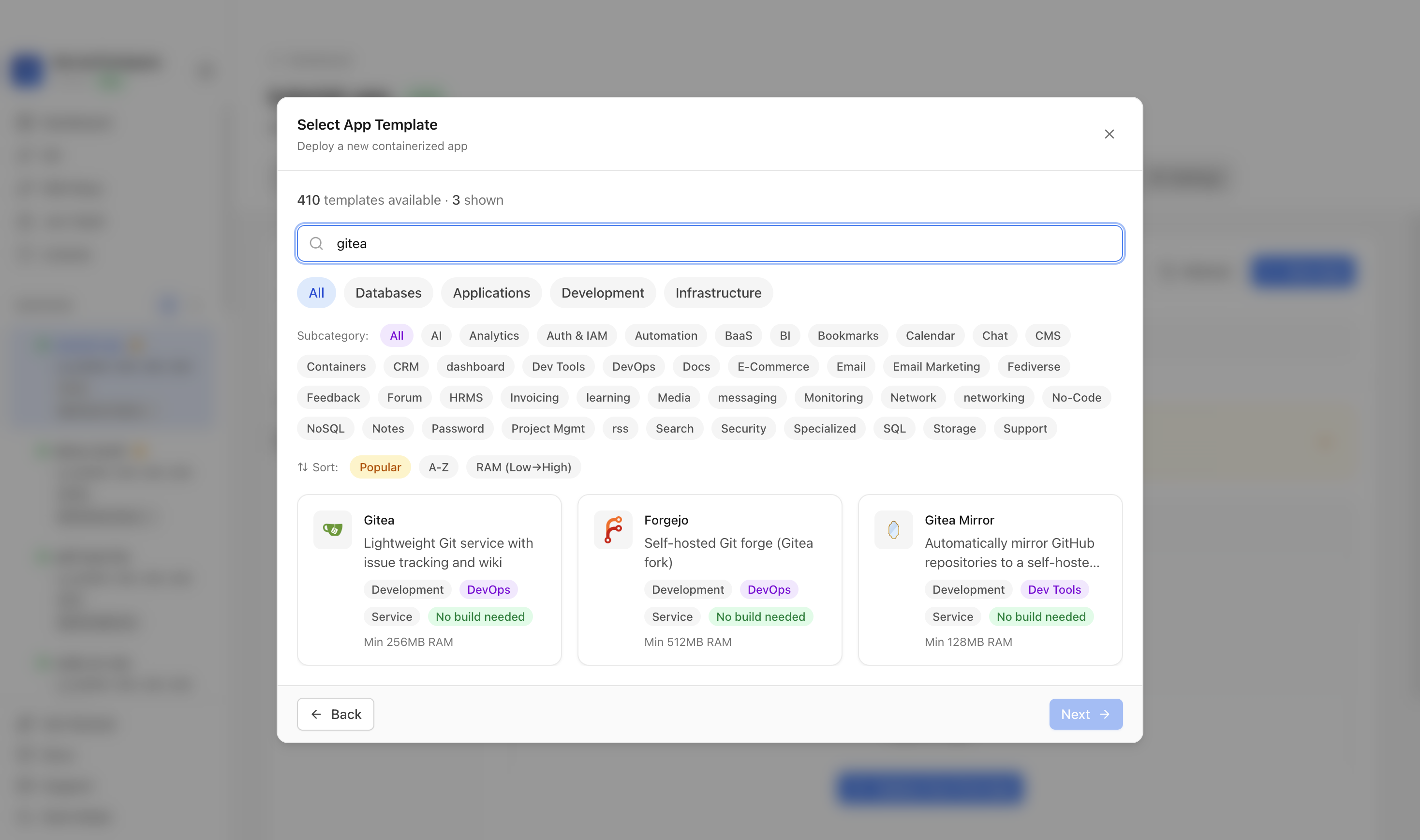 Searching for Gitea in the Server Compass template picker