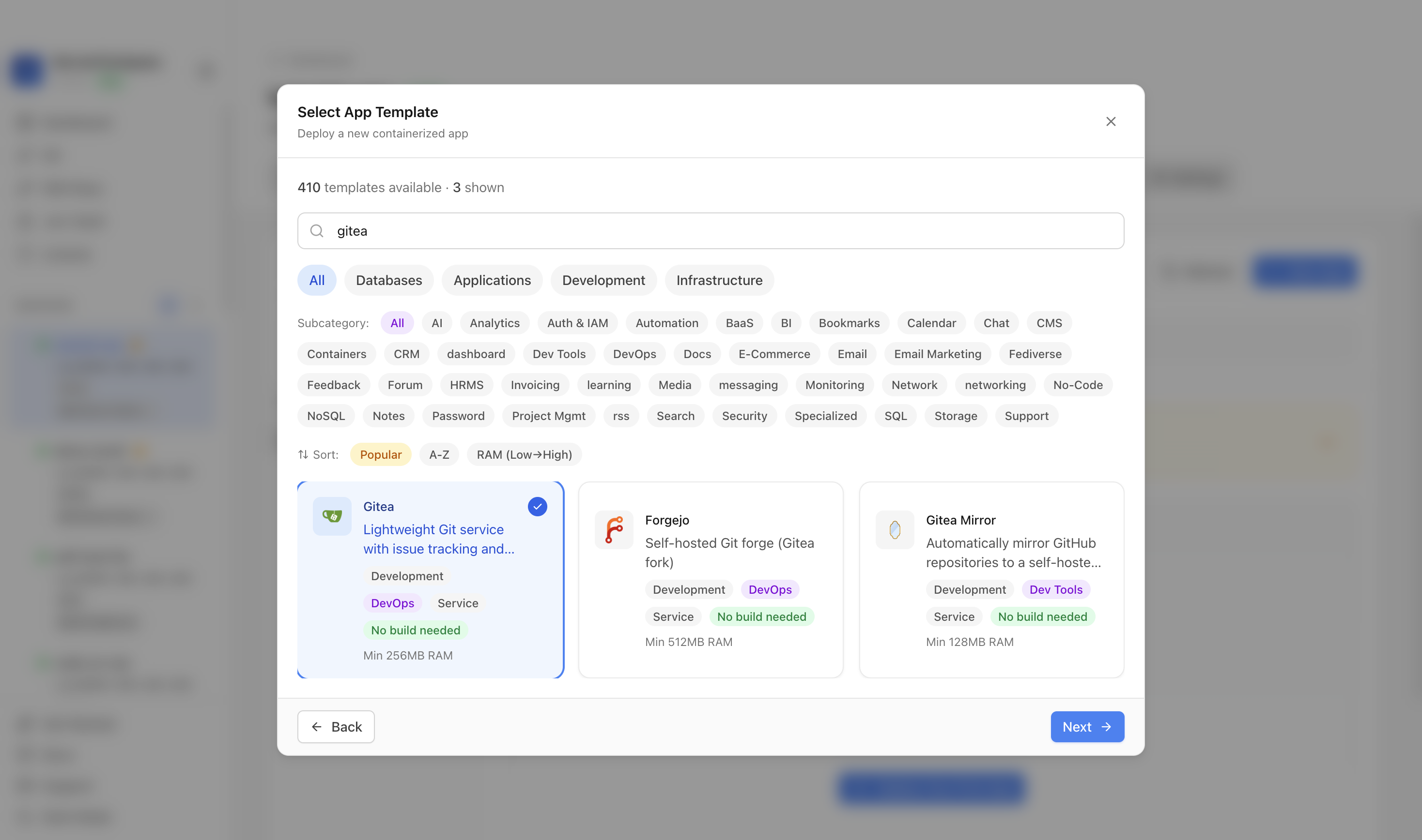 Gitea template selected in Server Compass