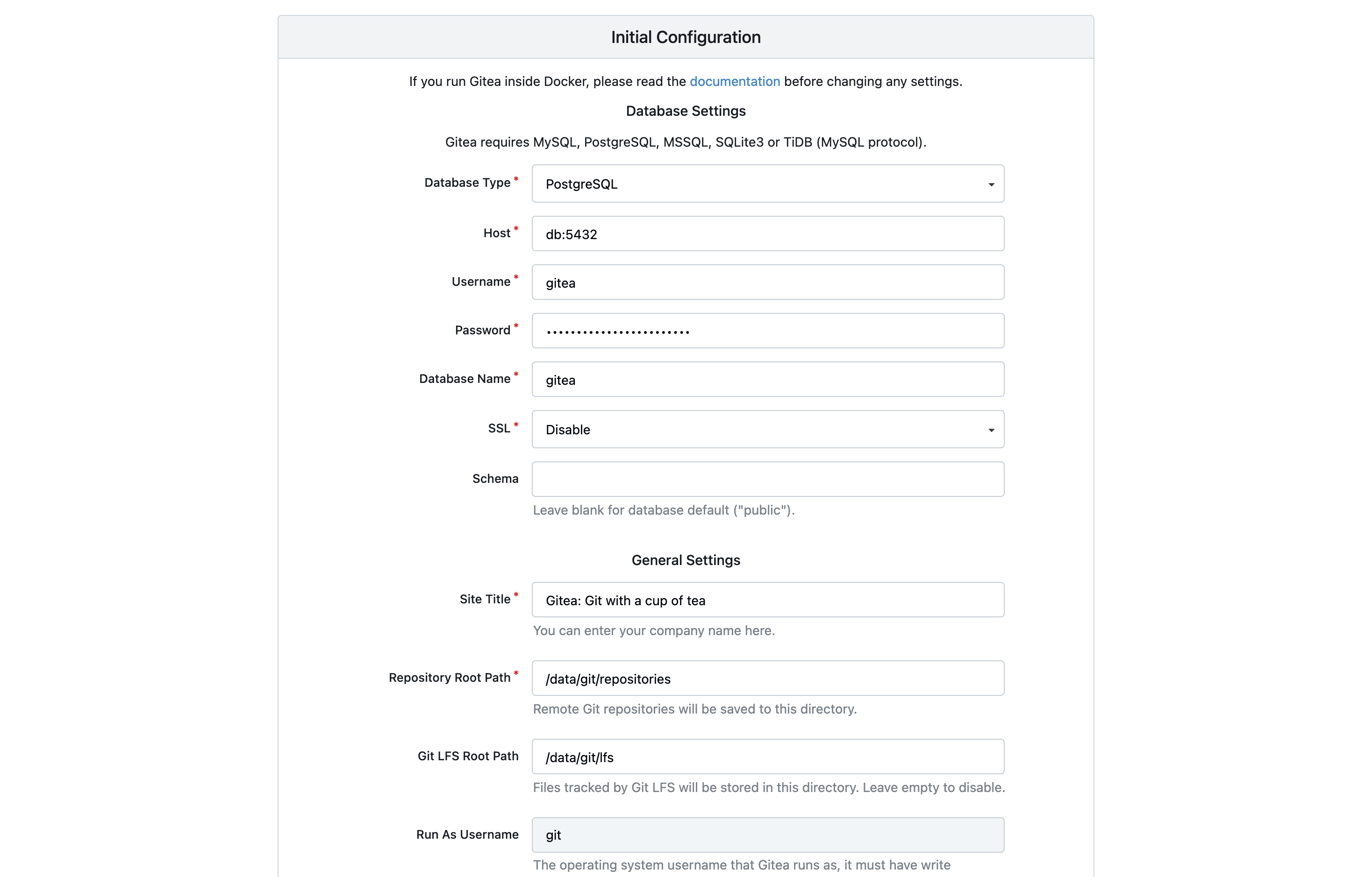 The deployed Gitea initial configuration screen loaded in a browser