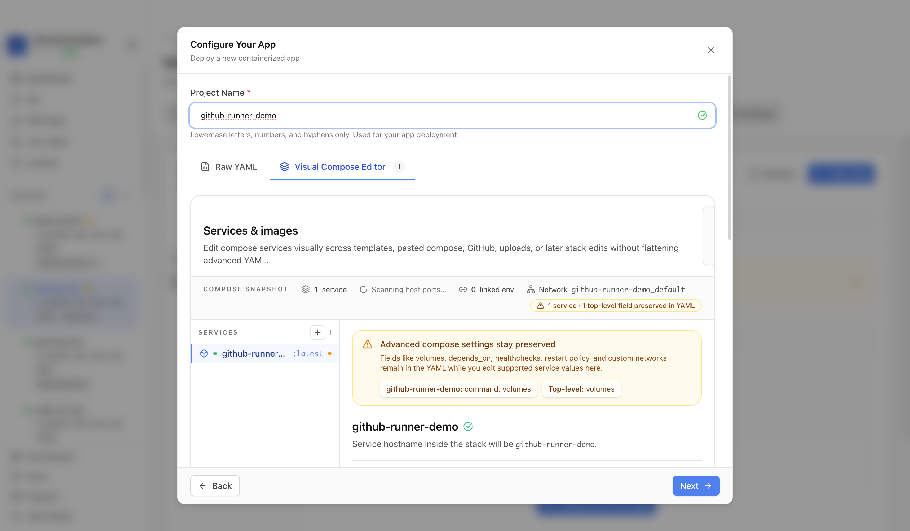 Reviewing GitHub Runner project settings and compose service