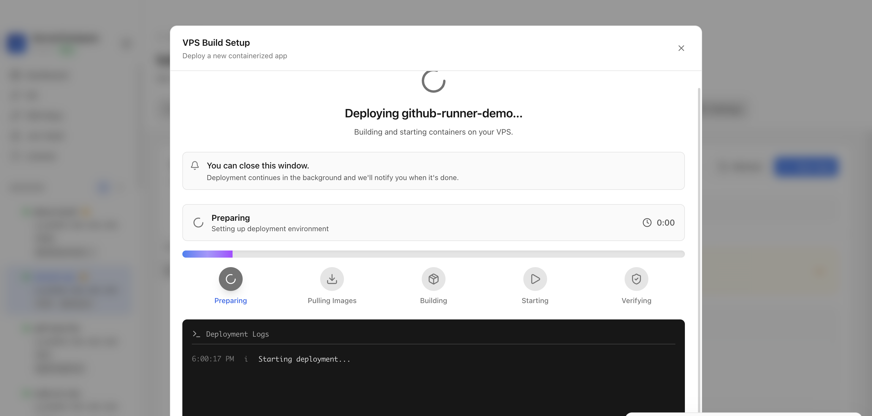 Server Compass deploying the GitHub Runner template on the VPS