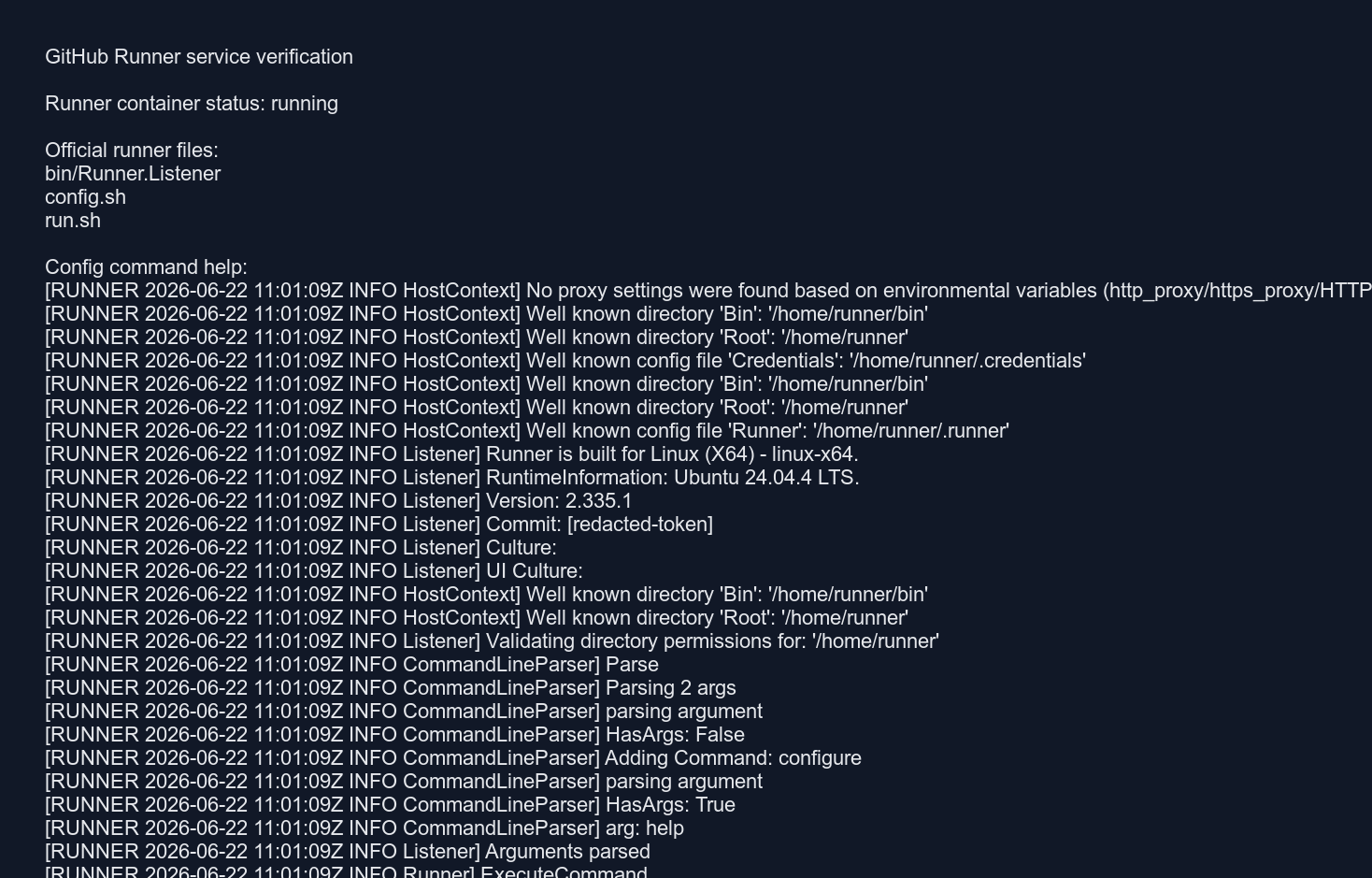 GitHub Runner service verification output from logs
