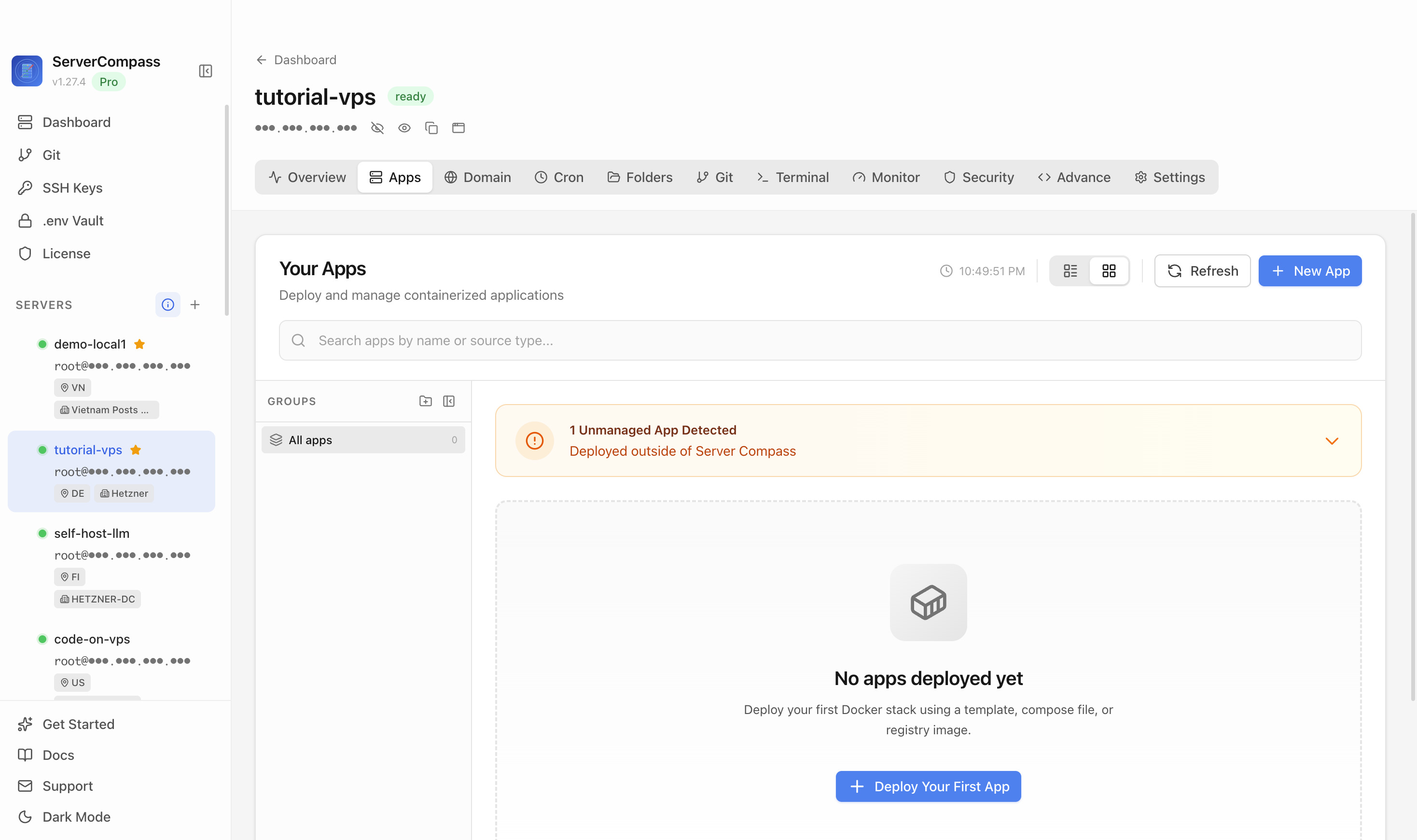 Server Compass Apps tab before creating a Git Ingest app