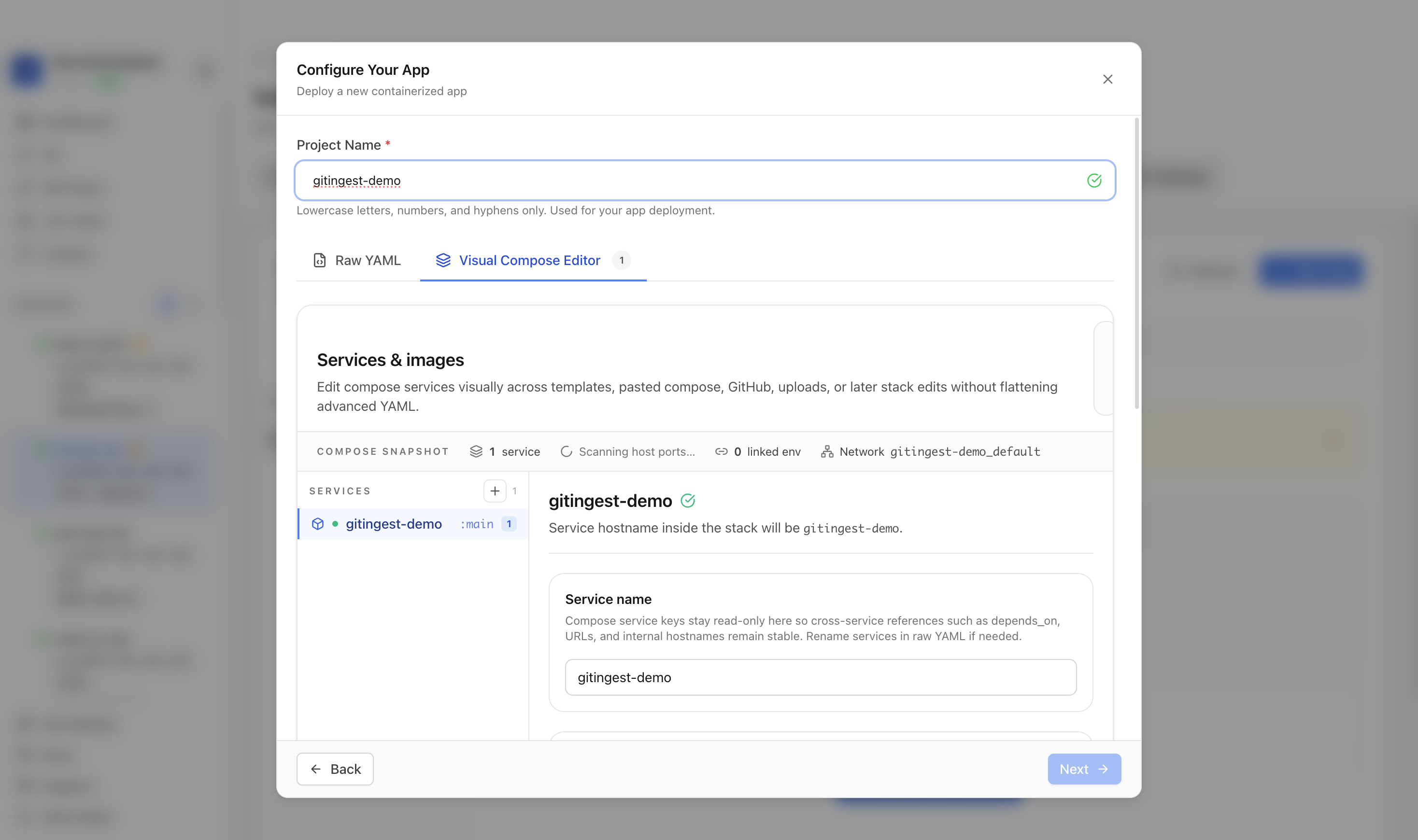 Reviewing Git Ingest project settings and compose services