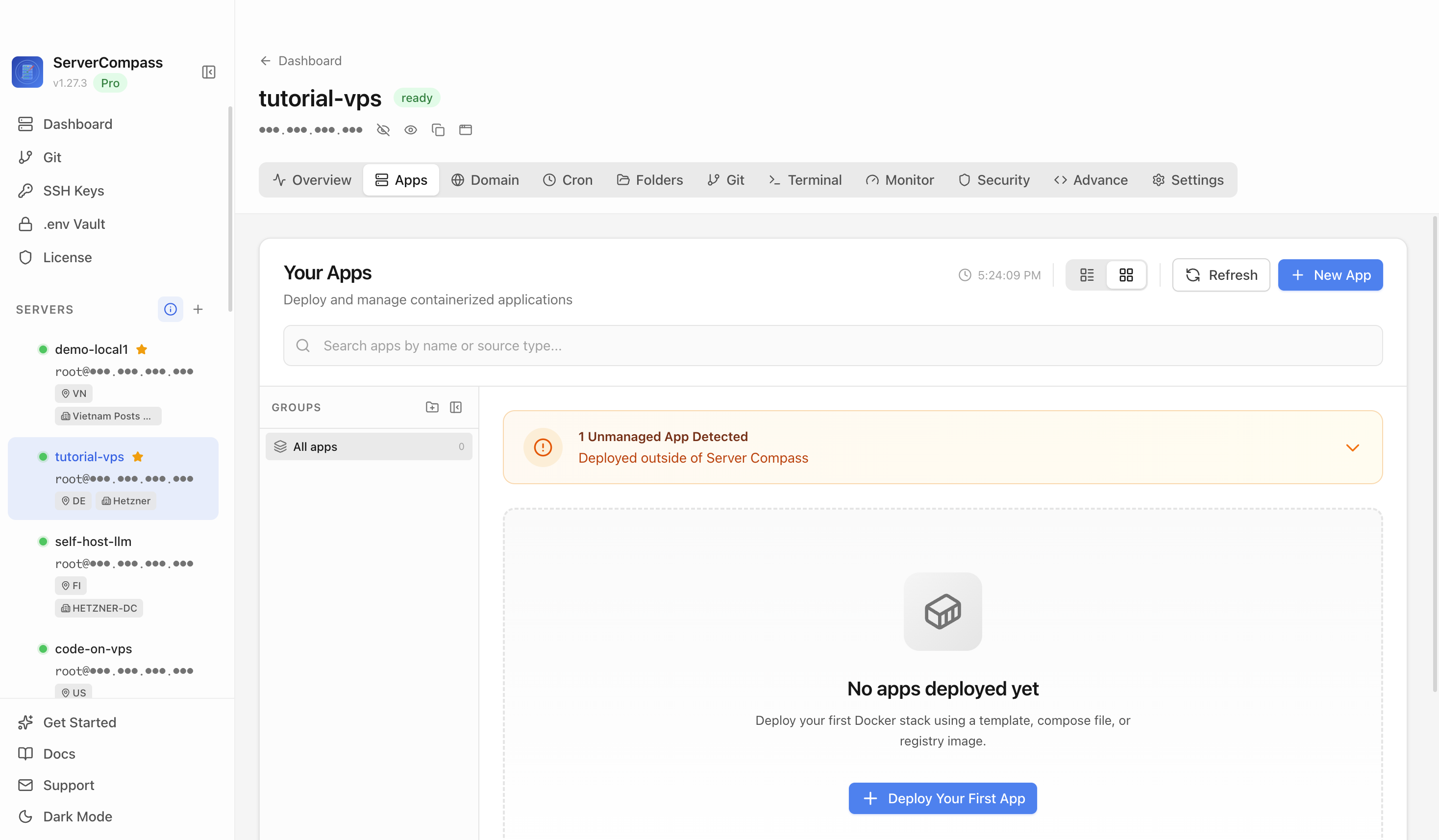 Server Compass Apps tab before creating a GitLab Runner app