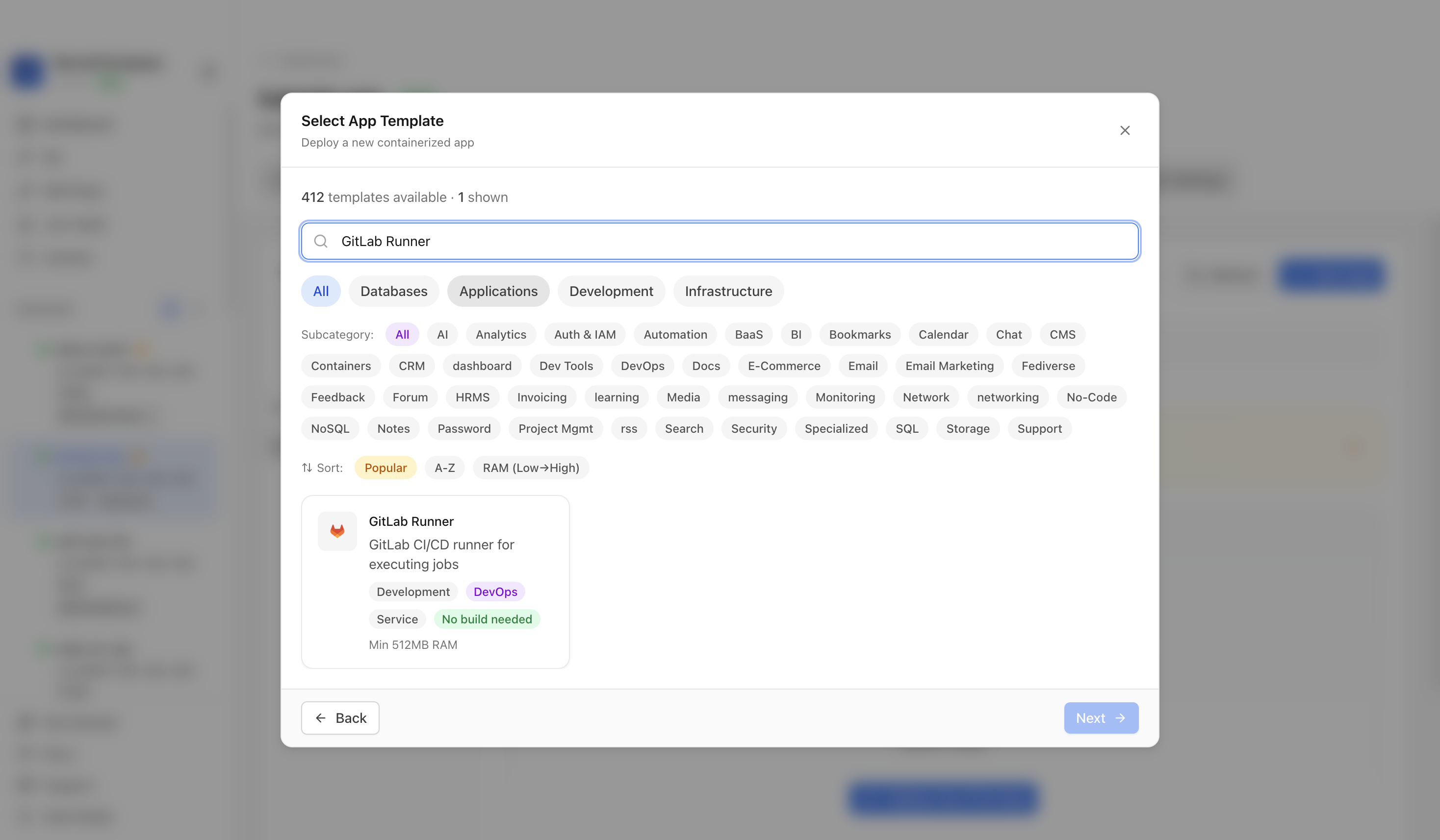 Searching for GitLab Runner in the Server Compass template picker