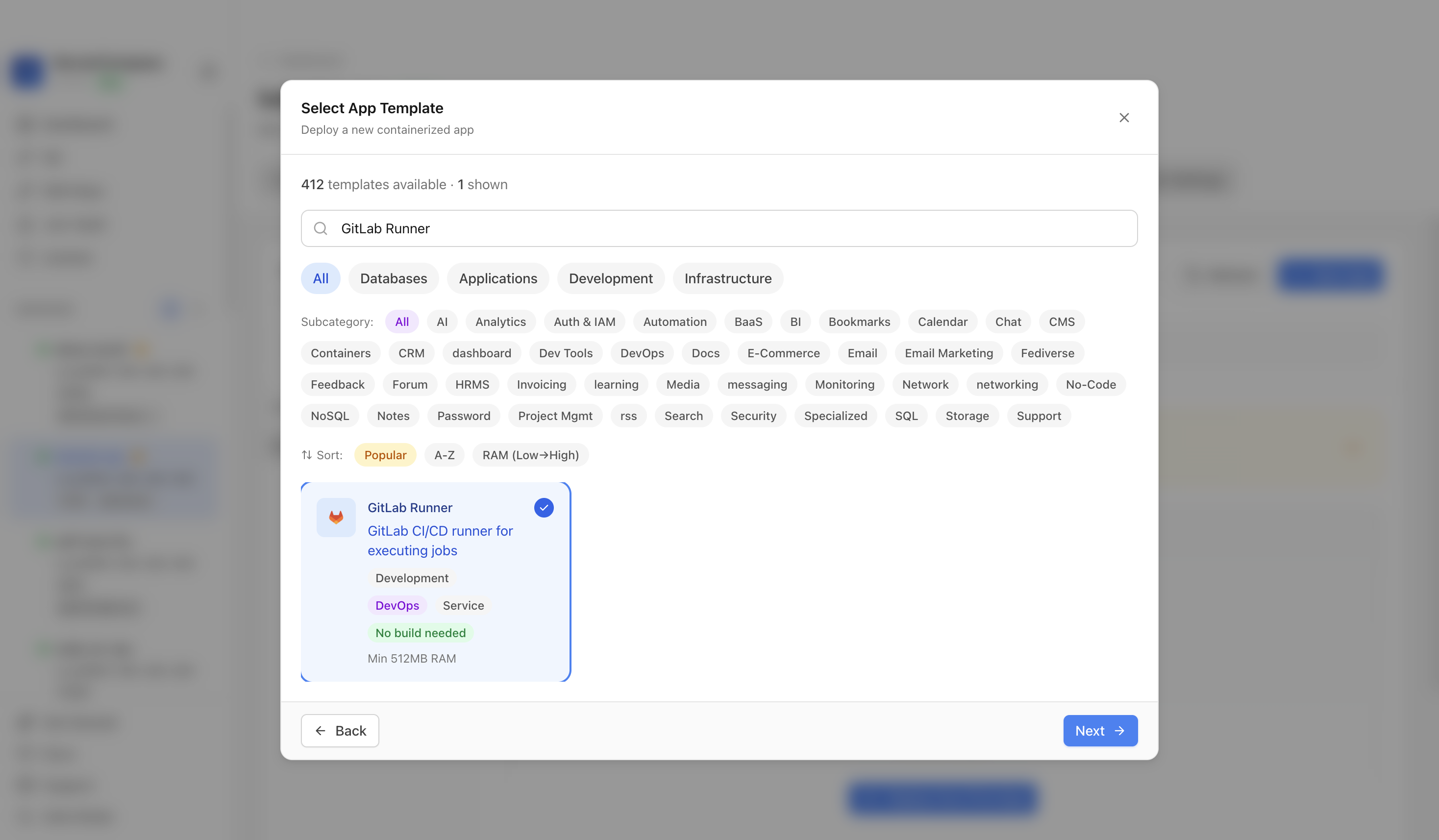 GitLab Runner template selected in Server Compass