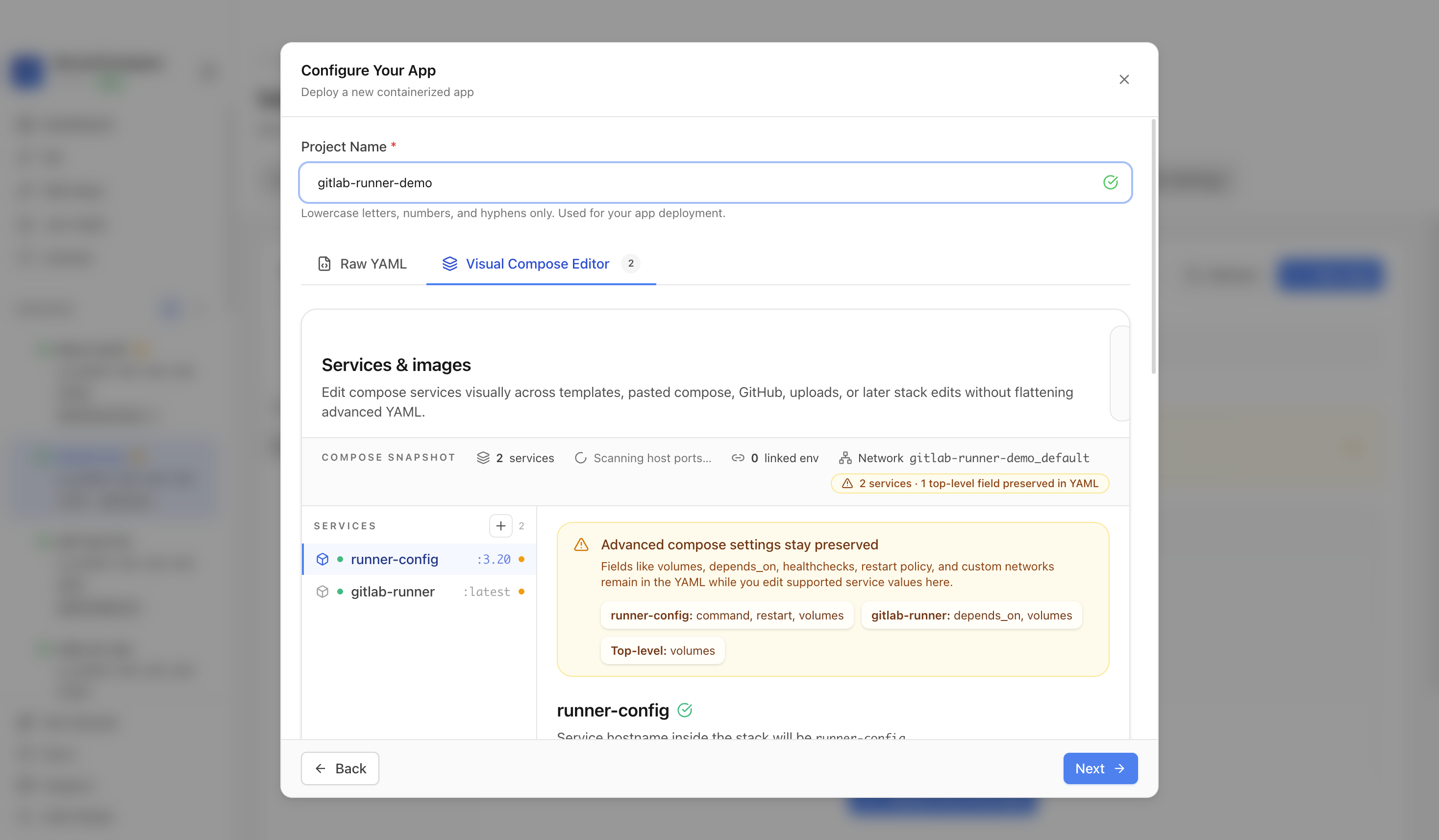 Reviewing GitLab Runner project settings and compose service
