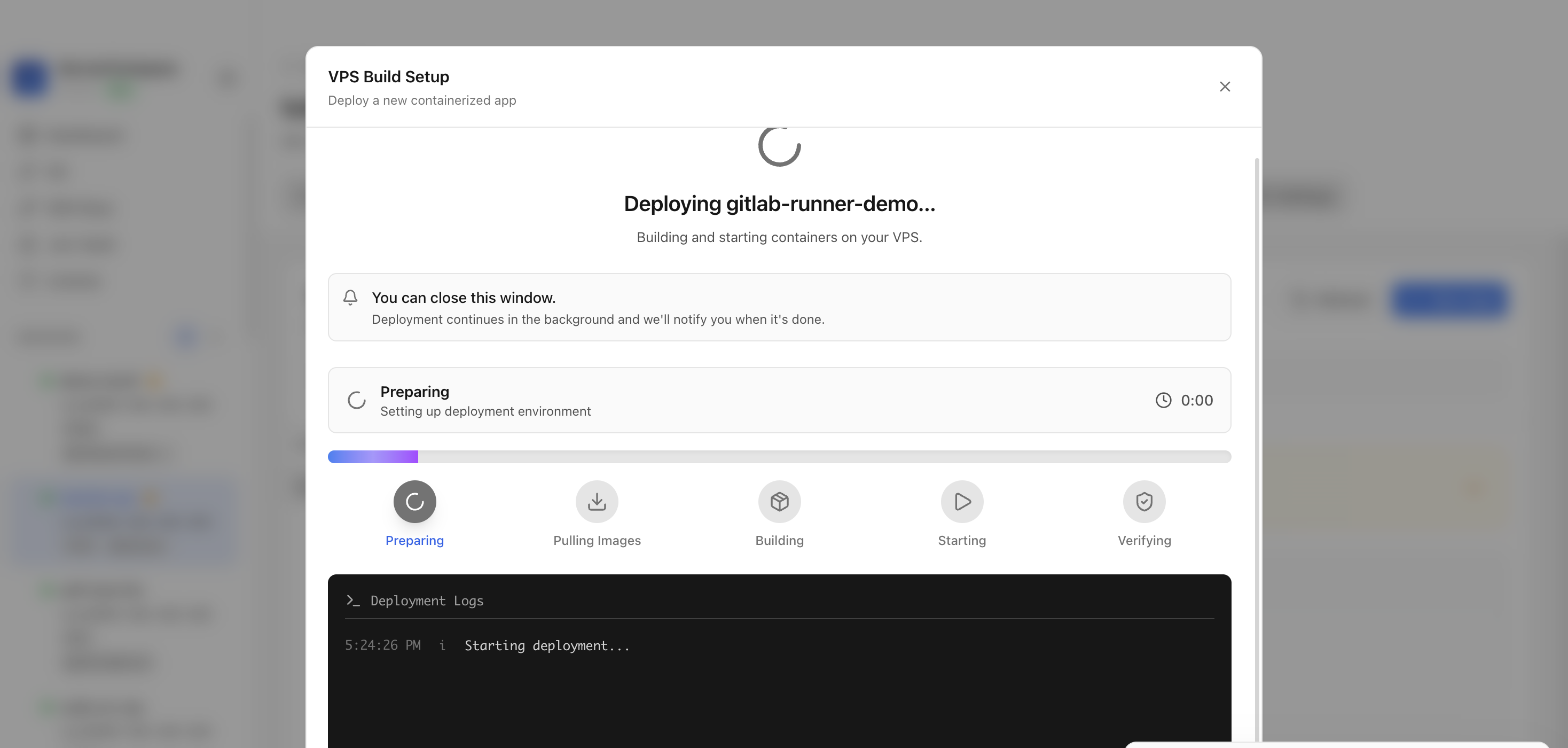 Server Compass deploying the GitLab Runner template on the VPS