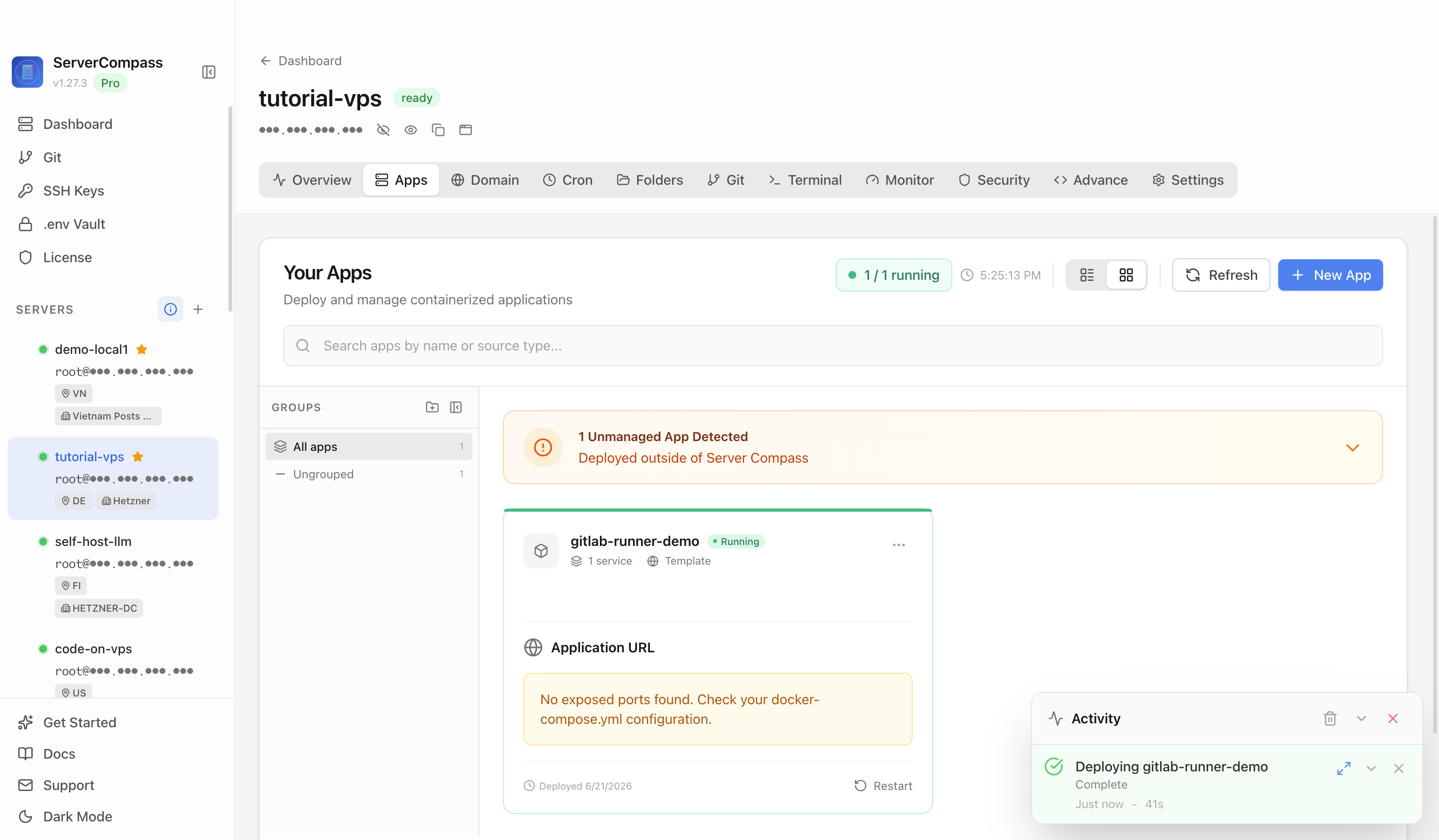GitLab Runner template running in the Server Compass Apps tab