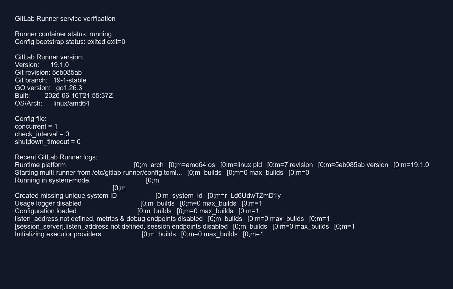 GitLab Runner service verification output from logs