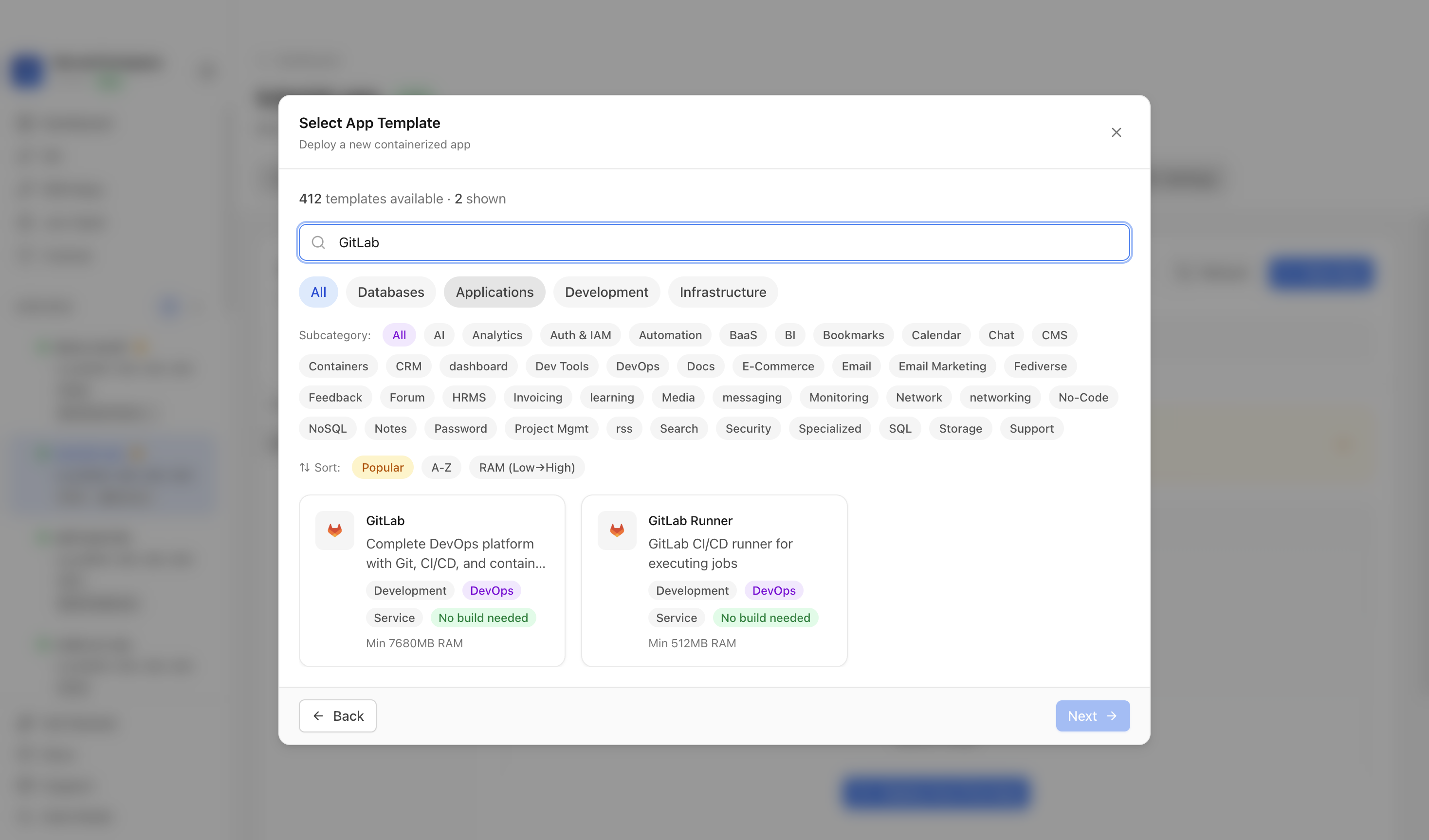 Searching for GitLab in the Server Compass template picker