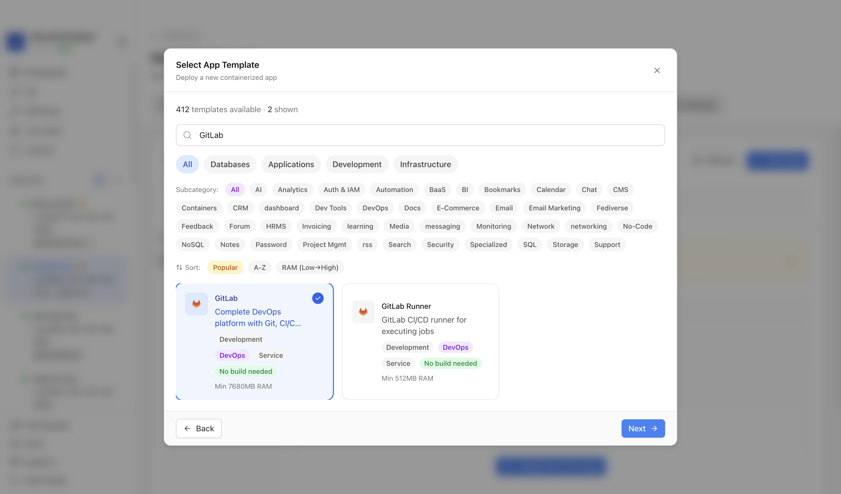 GitLab template selected in Server Compass