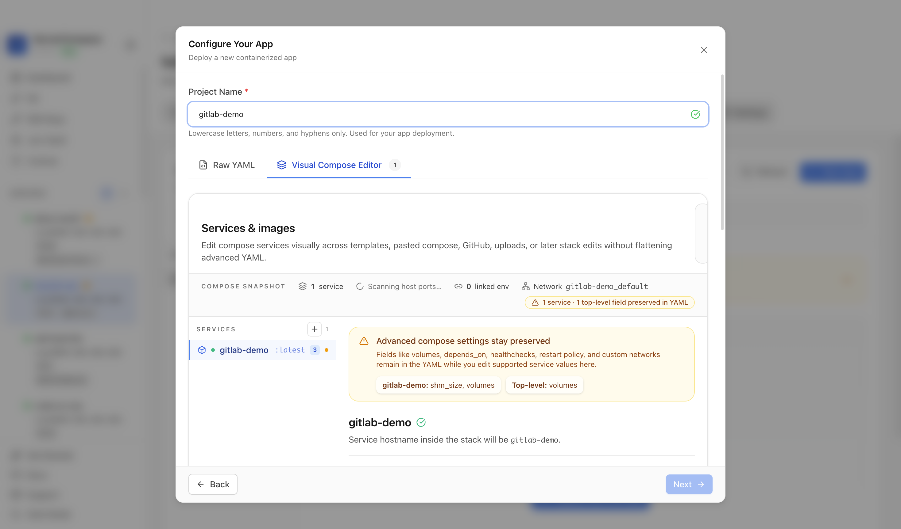 Reviewing GitLab project settings and compose service