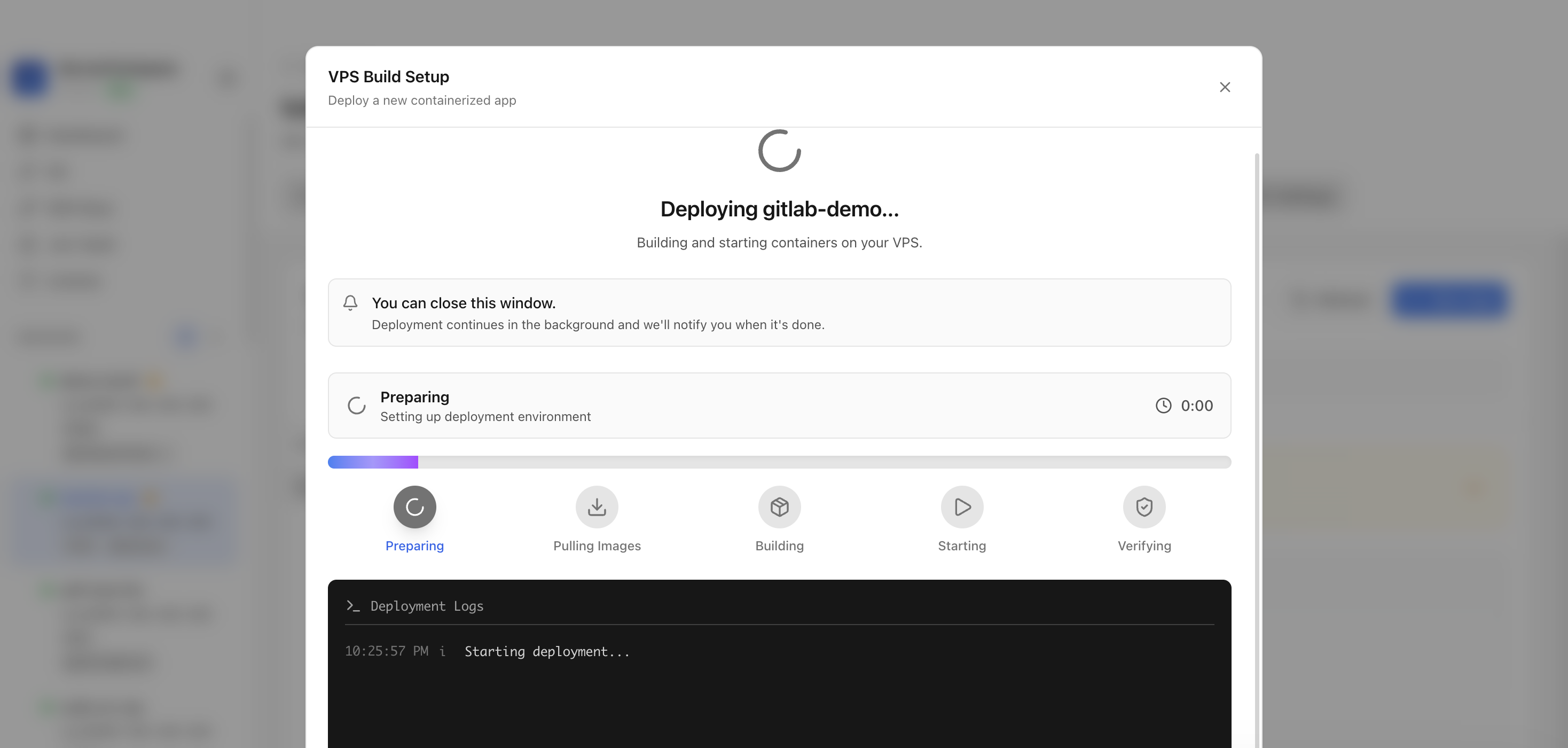 Server Compass deploying the GitLab template on the VPS