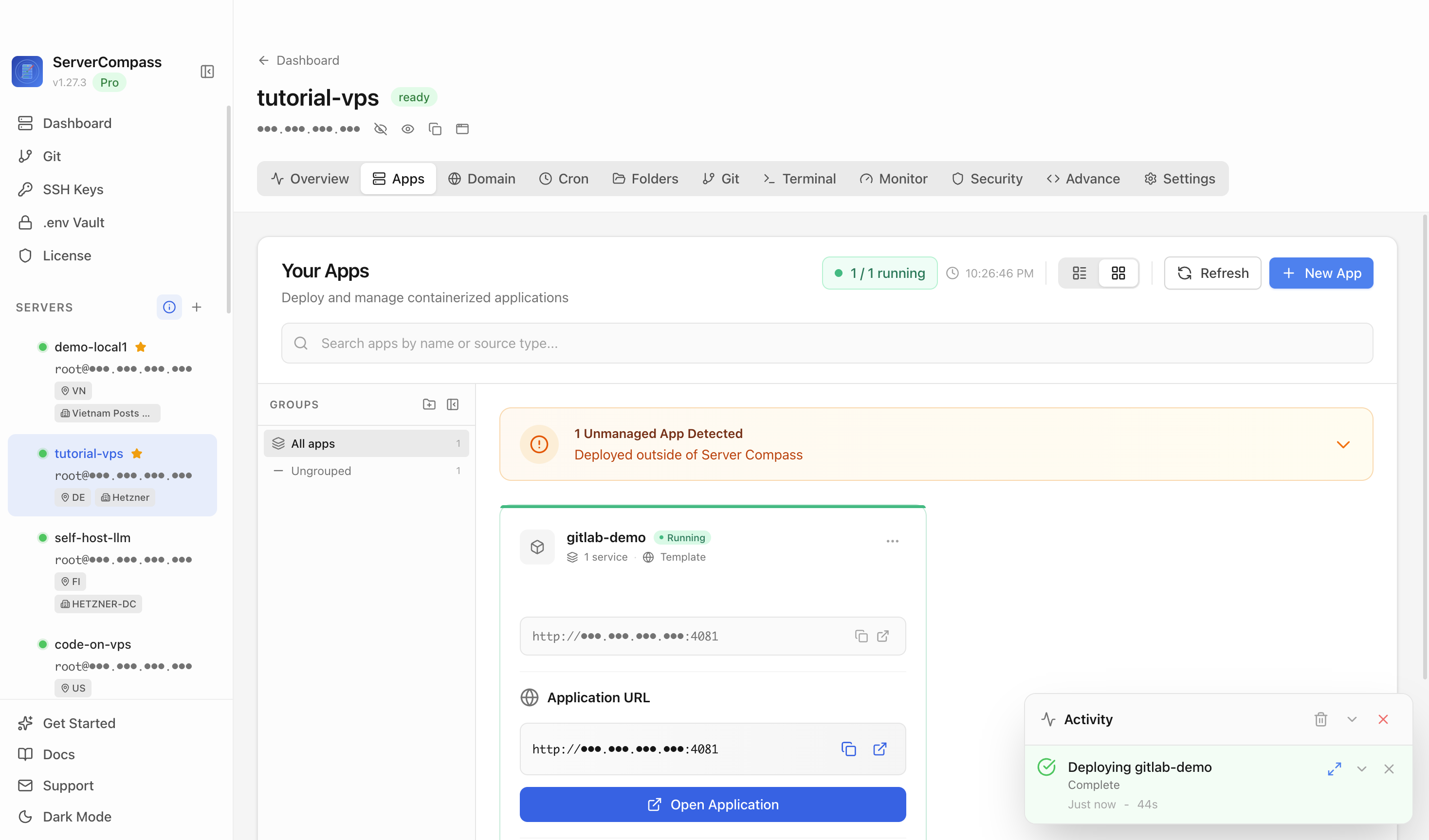 GitLab template running in the Server Compass Apps tab