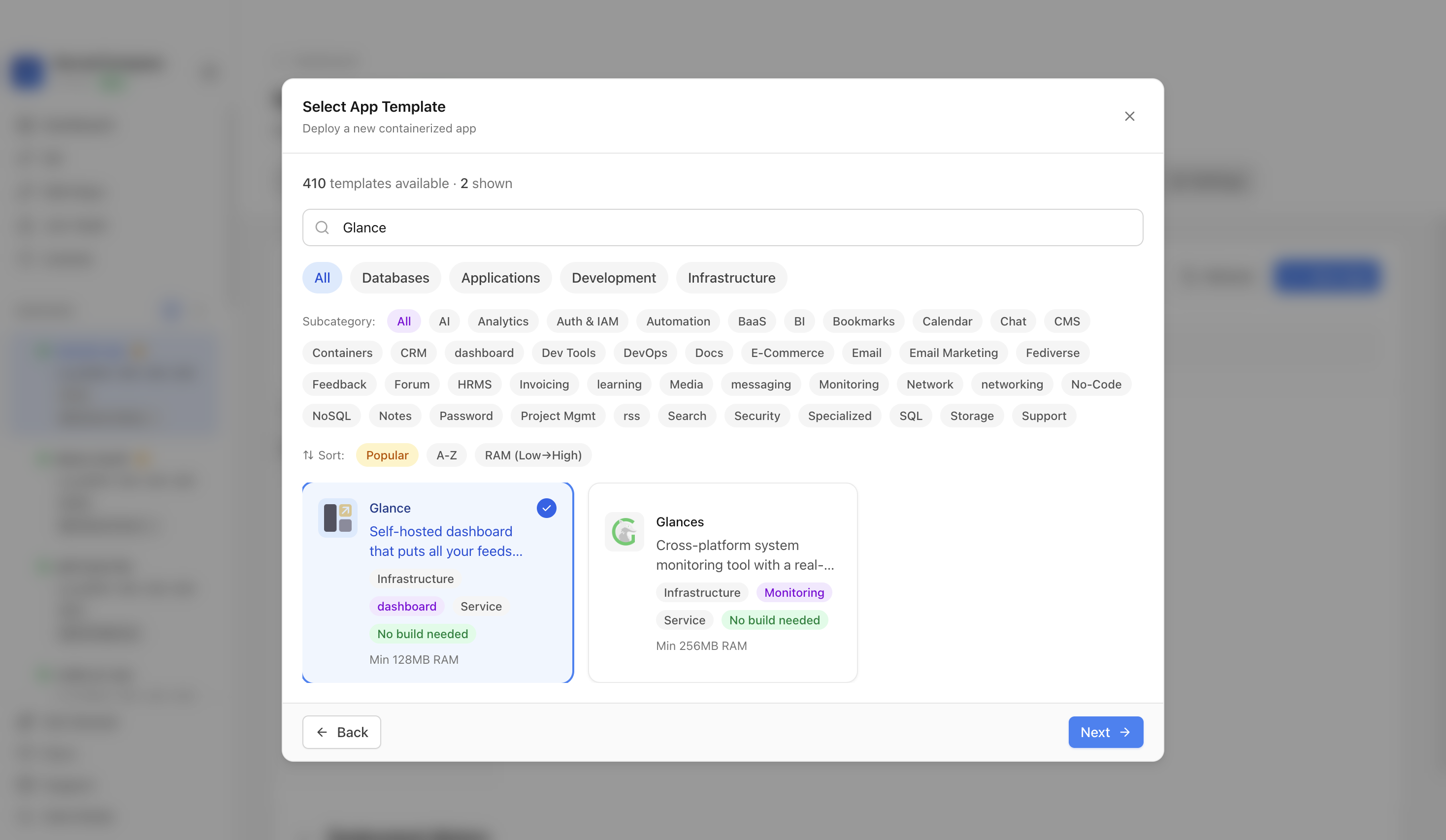 Glance template selected in Server Compass