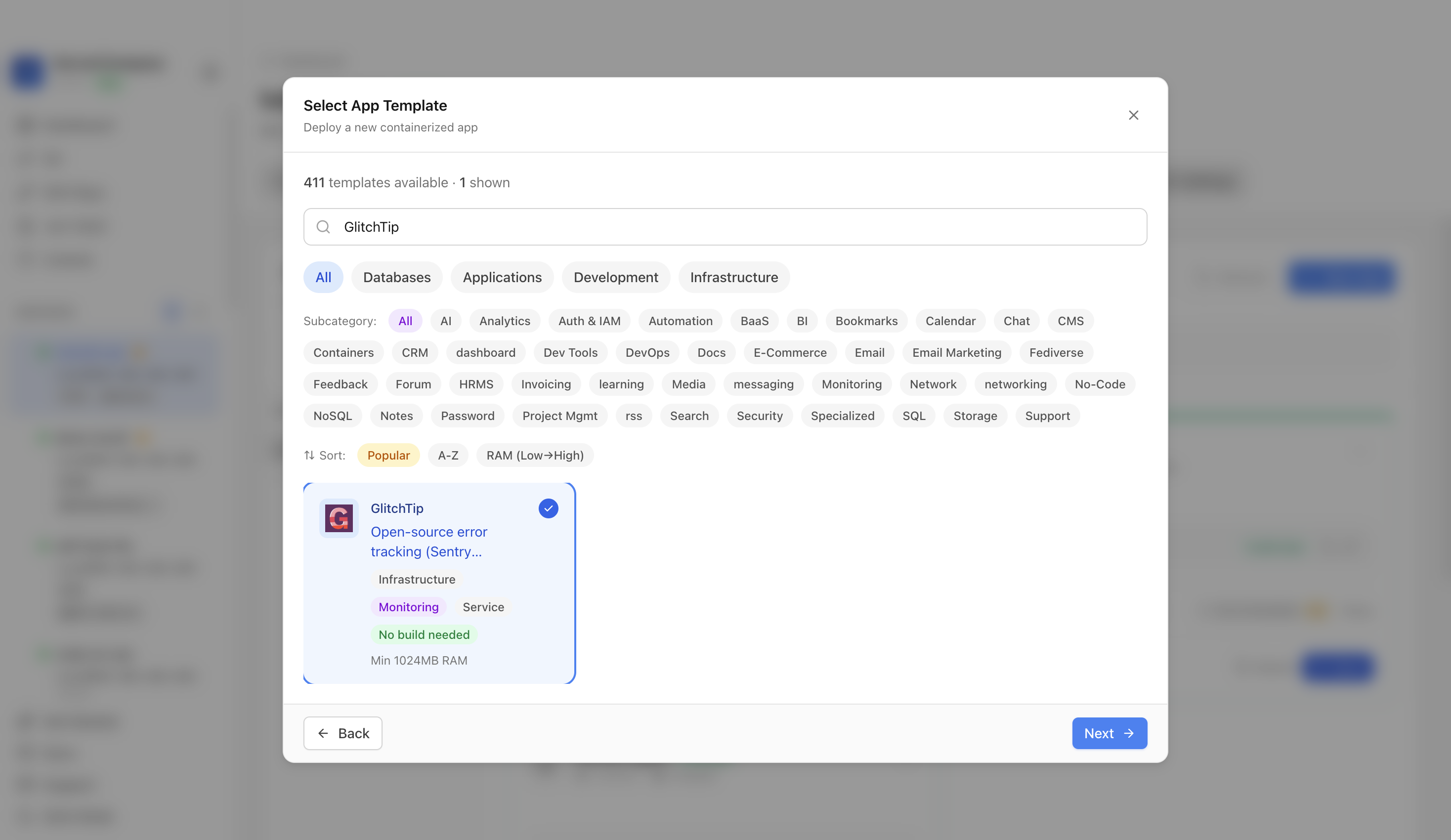 GlitchTip template selected in Server Compass