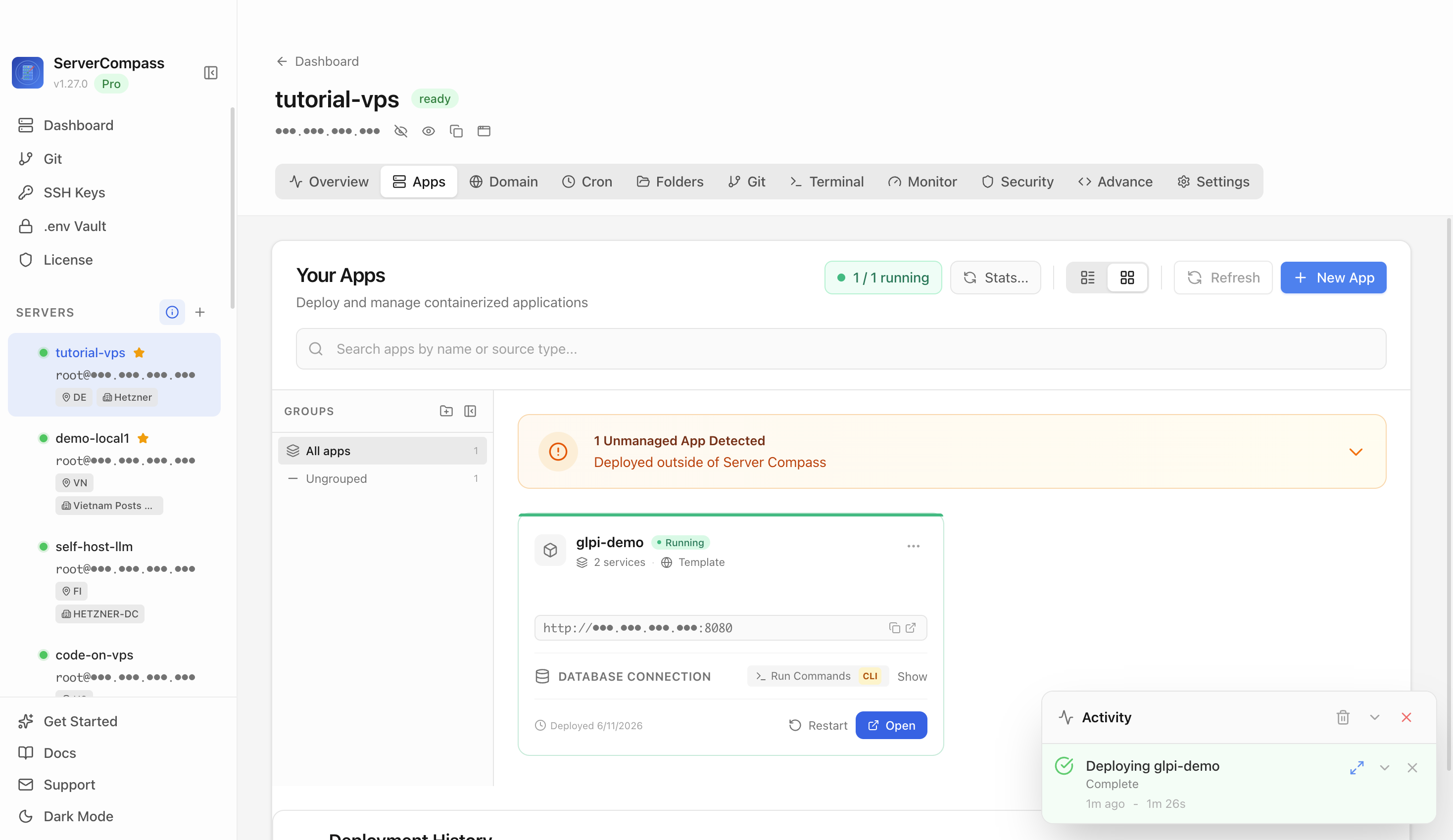 GLPI template running in the Server Compass Apps tab