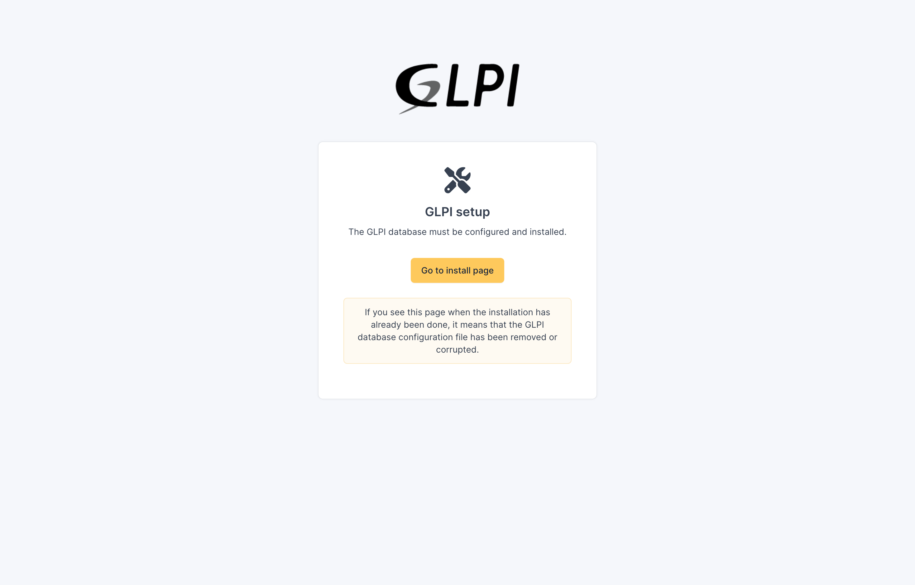 The deployed GLPI web UI loaded in a browser