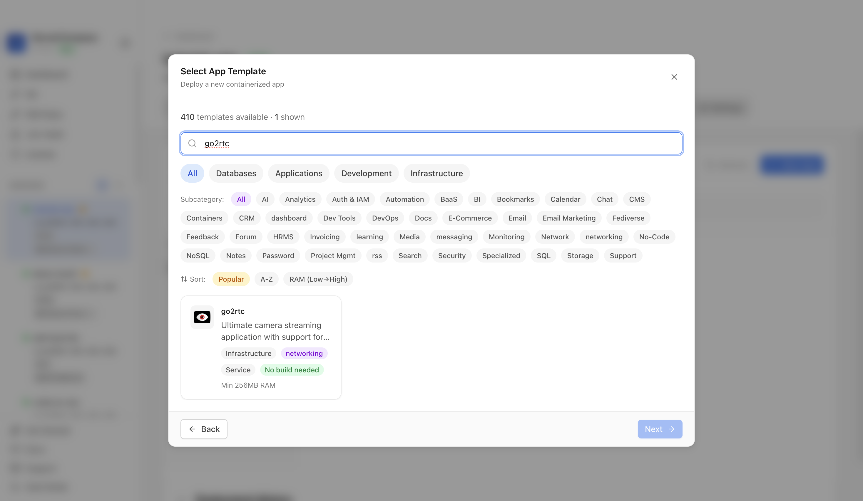 Searching for go2rtc in the Server Compass template picker