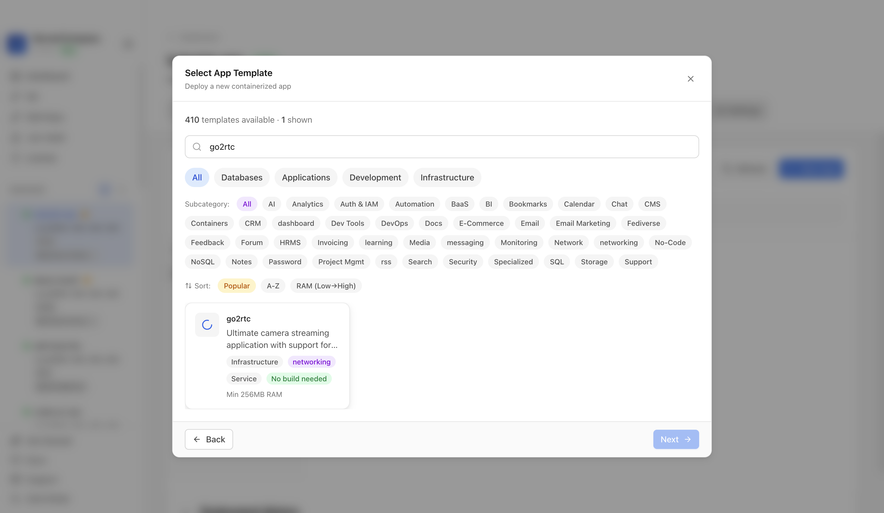 go2rtc template selected in Server Compass