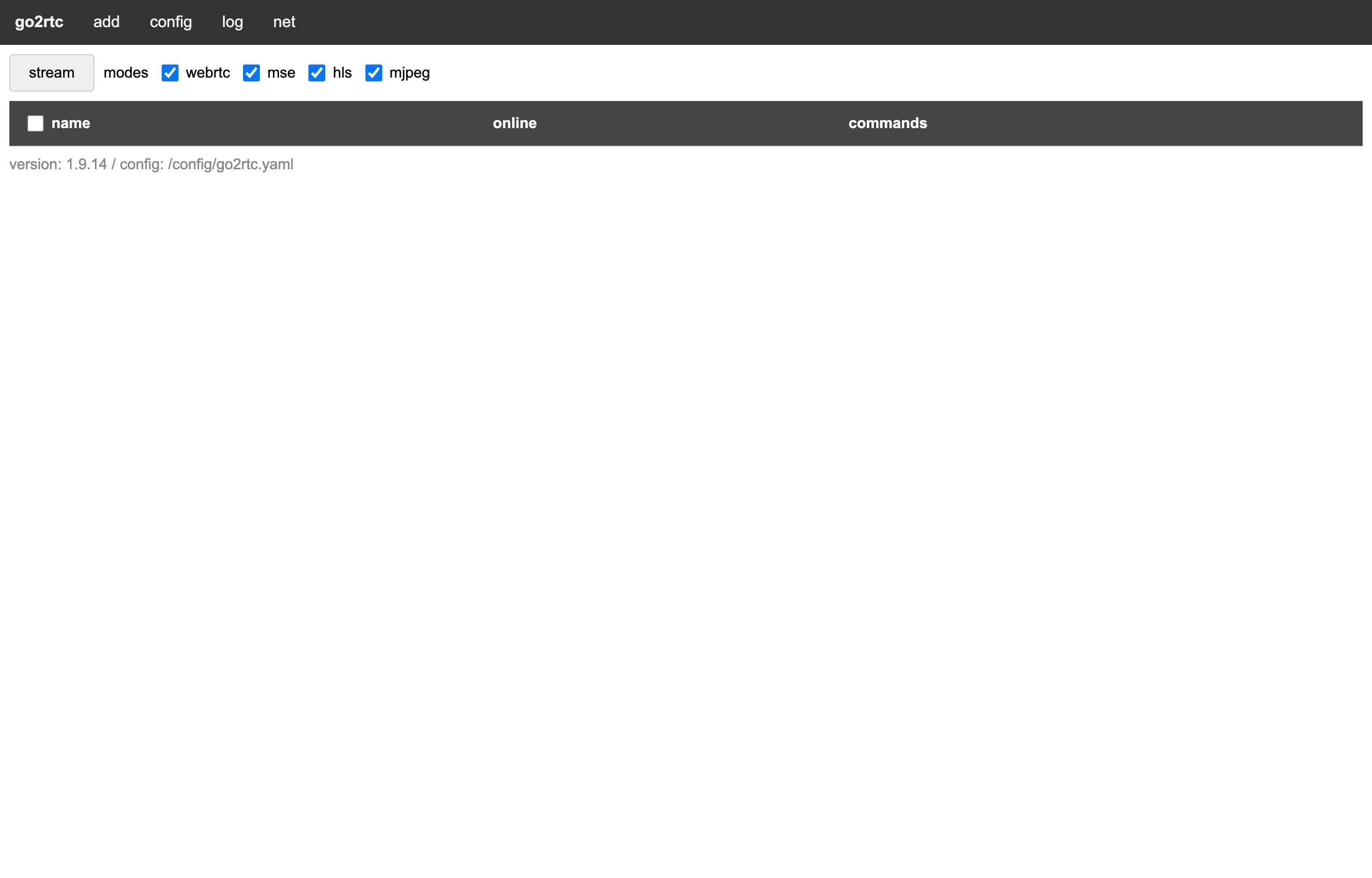 The deployed go2rtc web UI loaded in a browser