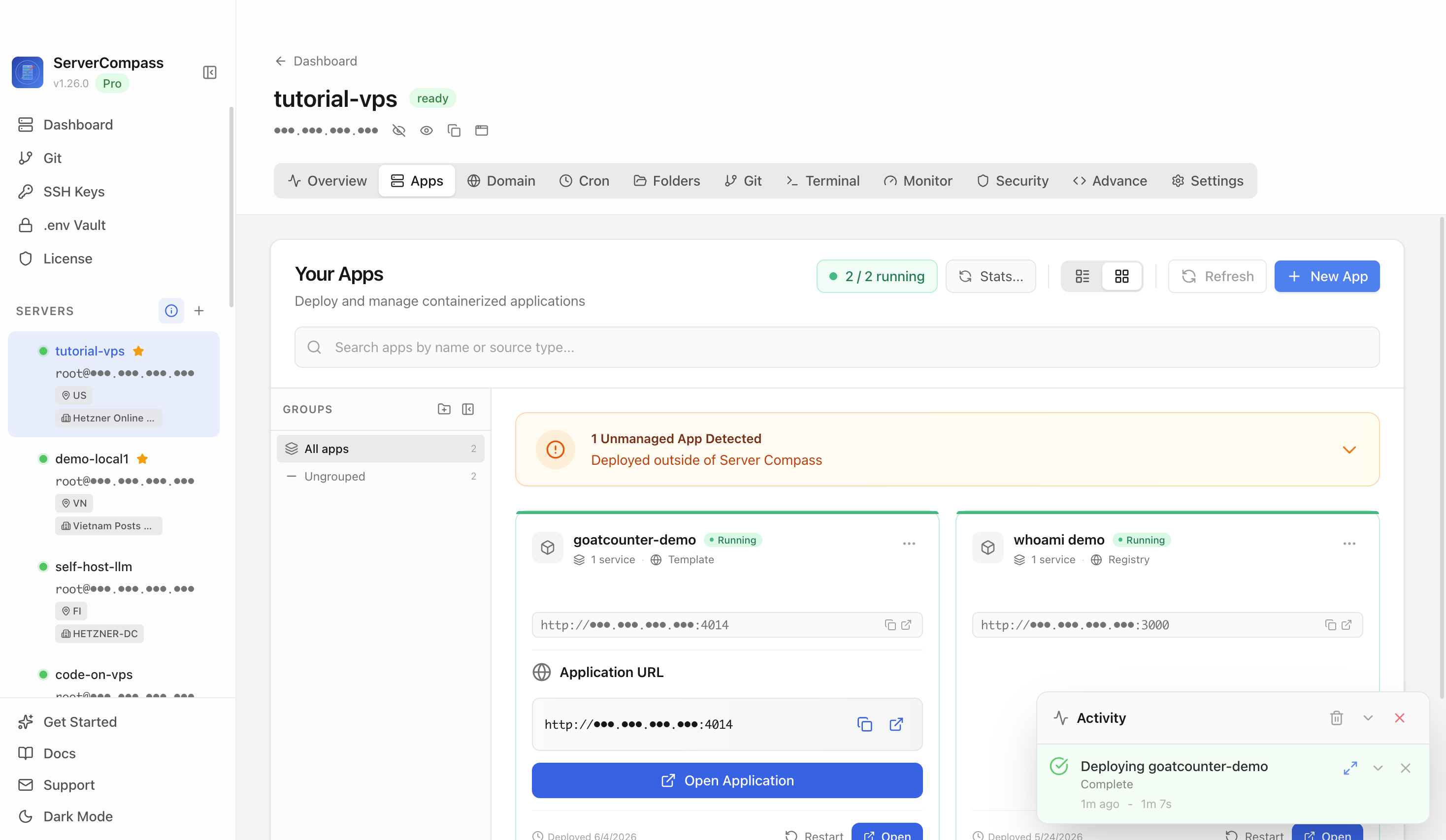 GoatCounter template running in the Server Compass Apps tab