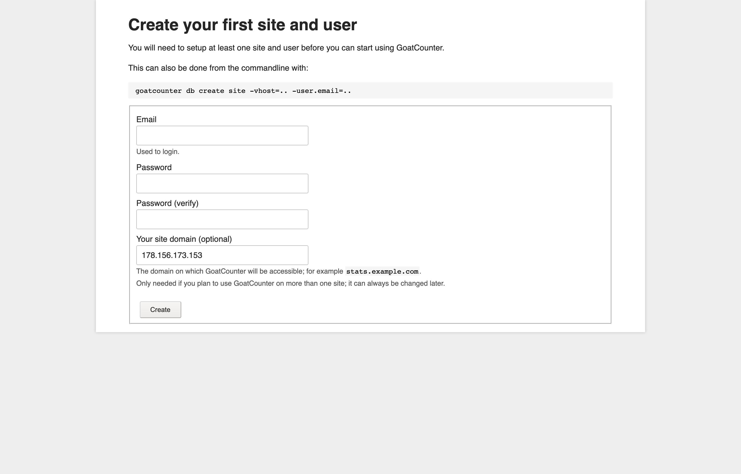 The deployed GoatCounter web UI loaded in a browser