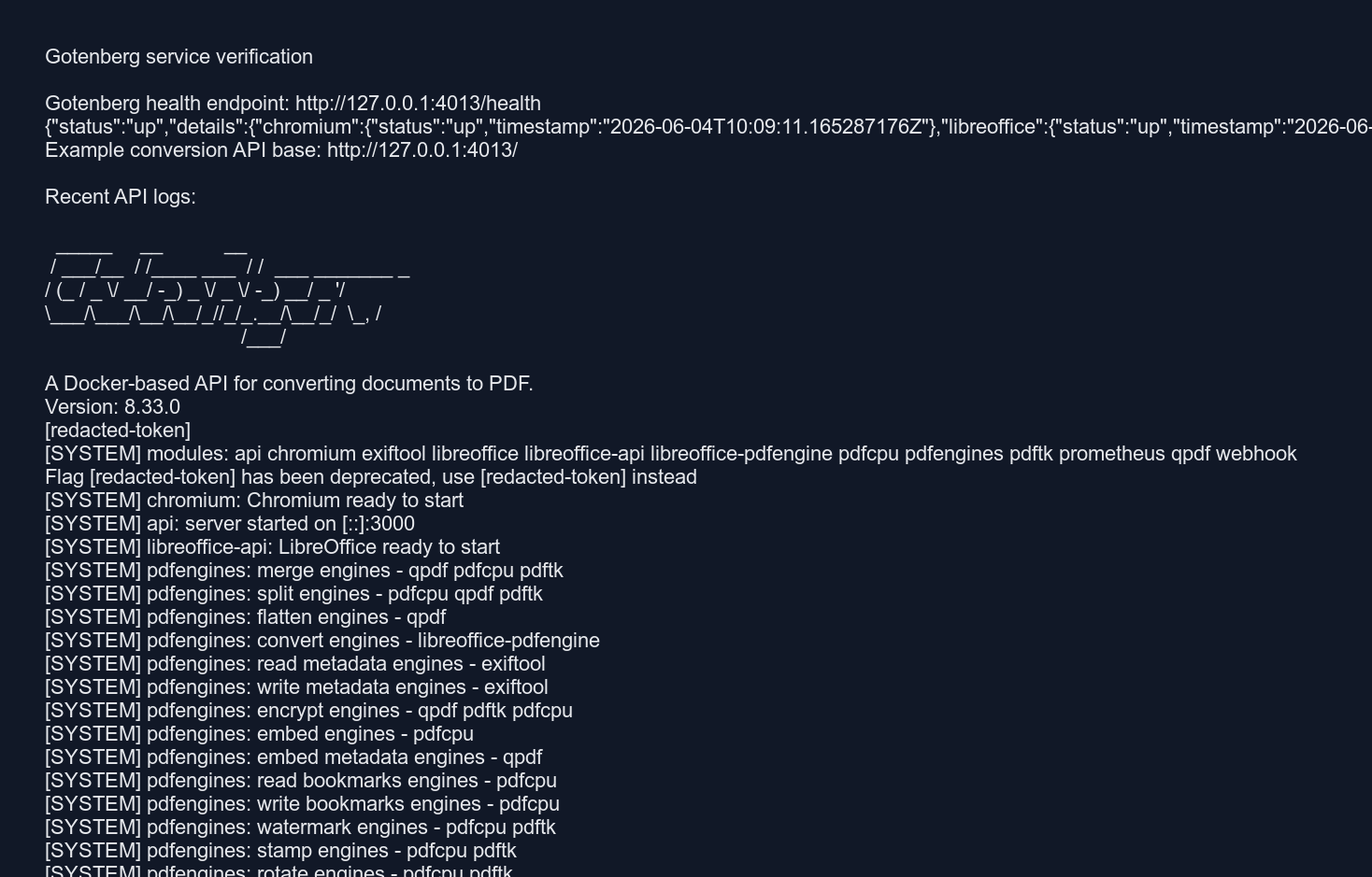 Gotenberg service verification output from logs