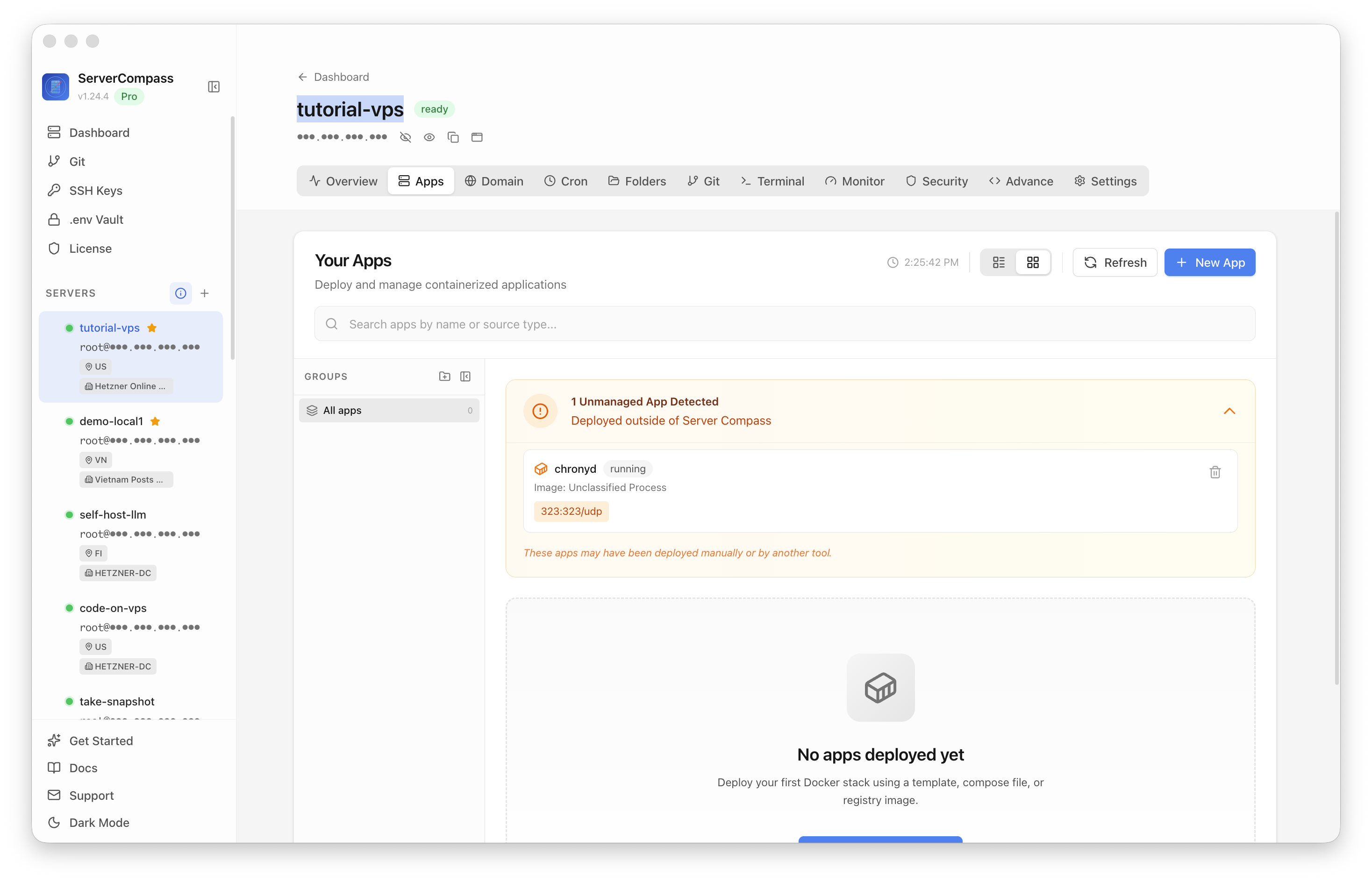 Server Compass Apps tab before creating a Grafana app