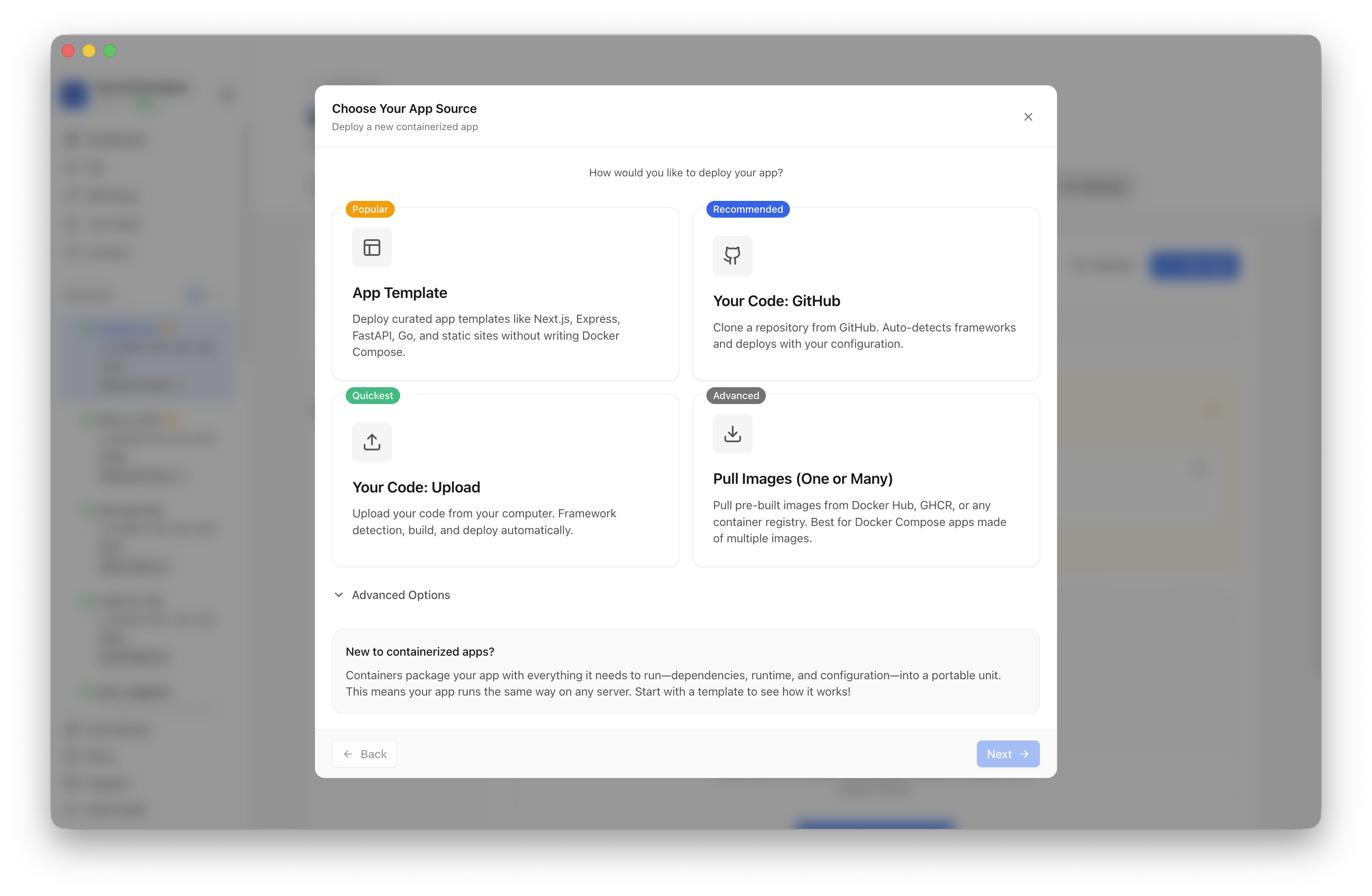 Choosing to deploy an app from a Server Compass template