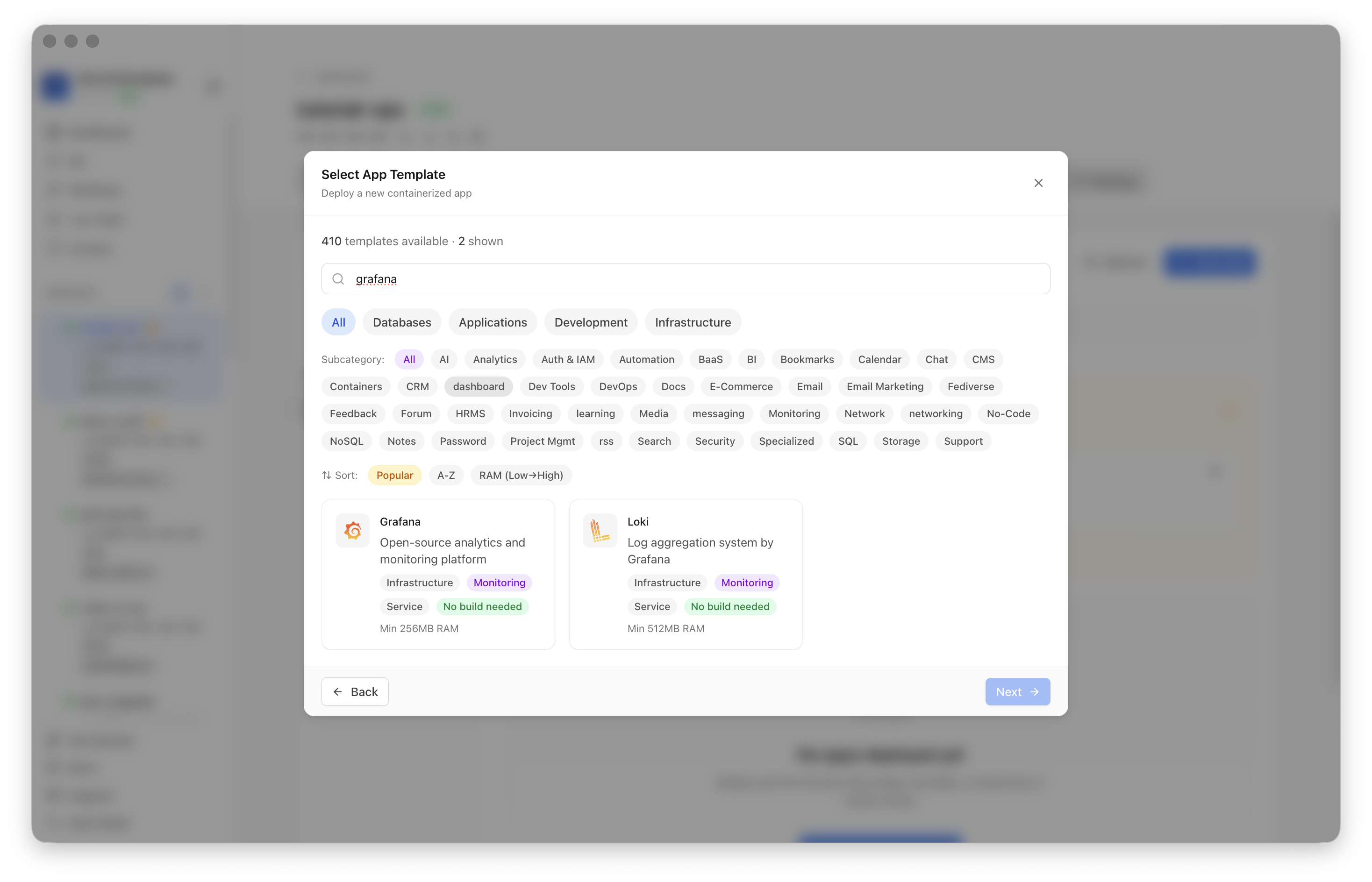 Searching for Grafana in the Server Compass template picker