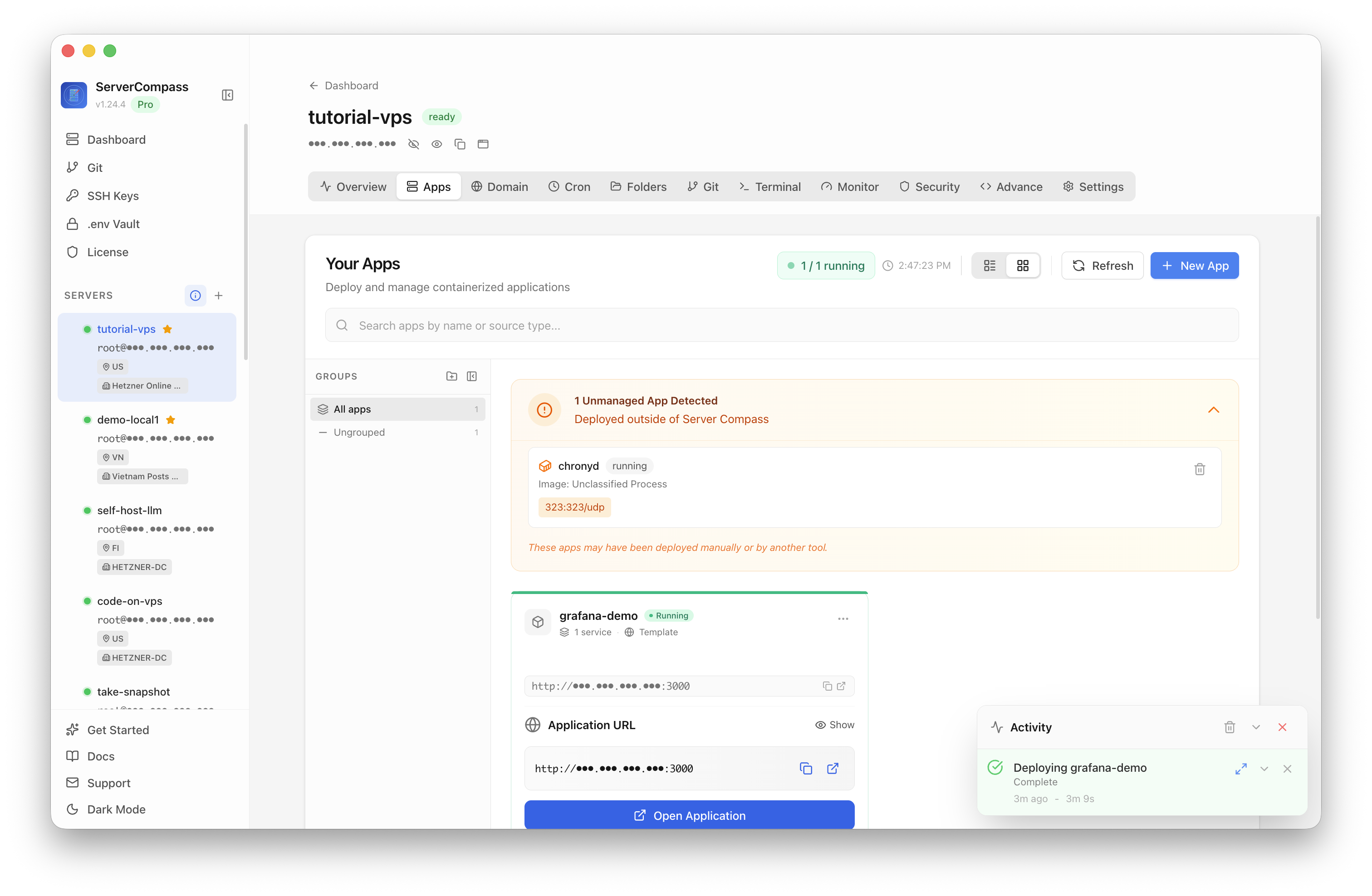 Grafana template running in the Server Compass Apps tab