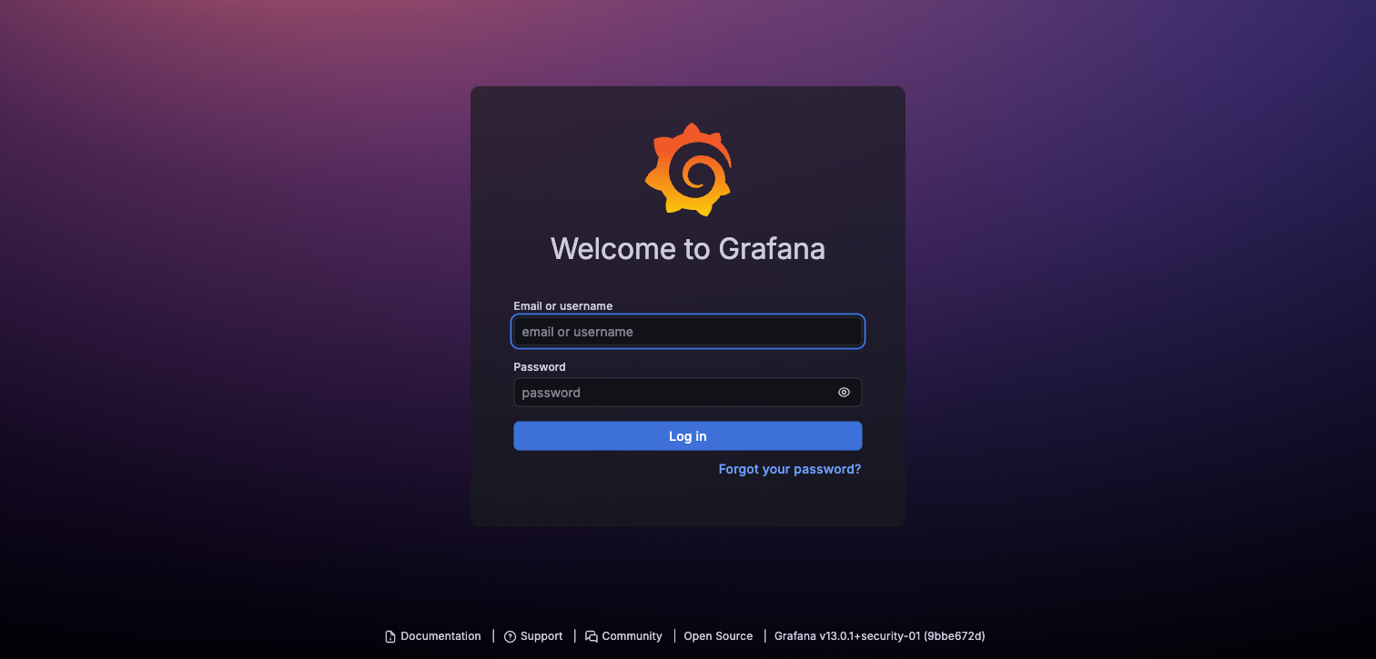The deployed Grafana login page loaded in a browser