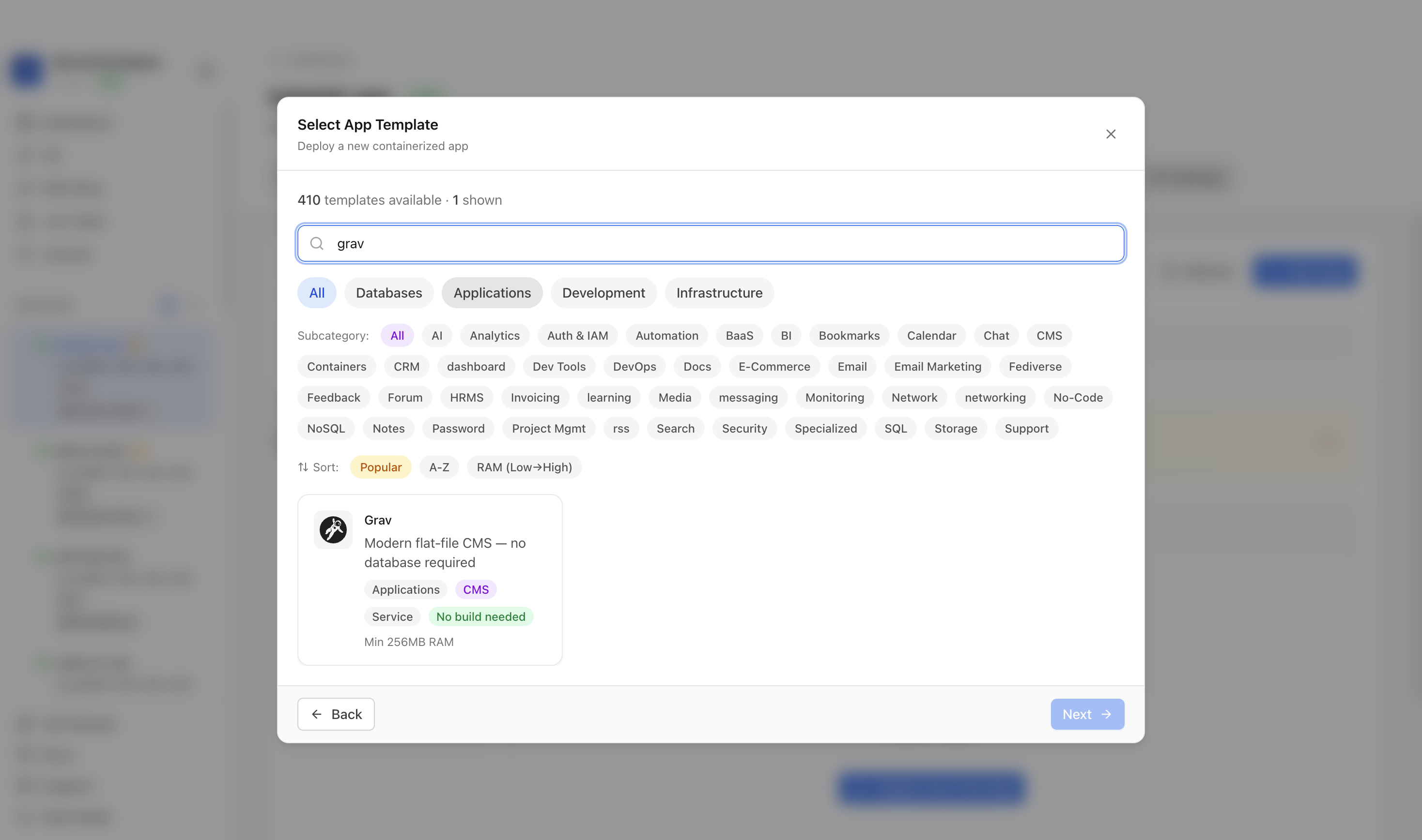 Searching for Grav in the Server Compass template picker