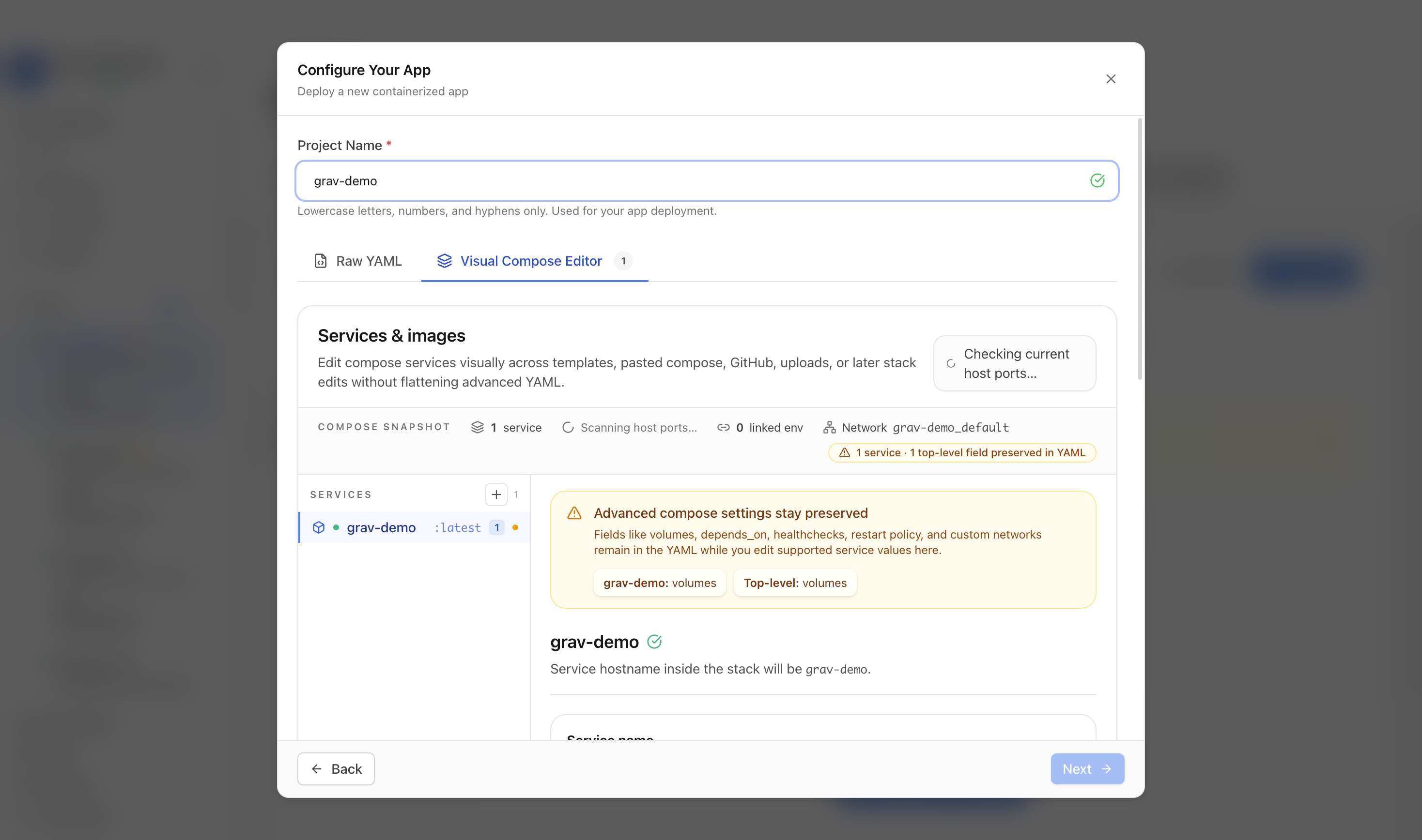 Reviewing Grav project settings and compose services
