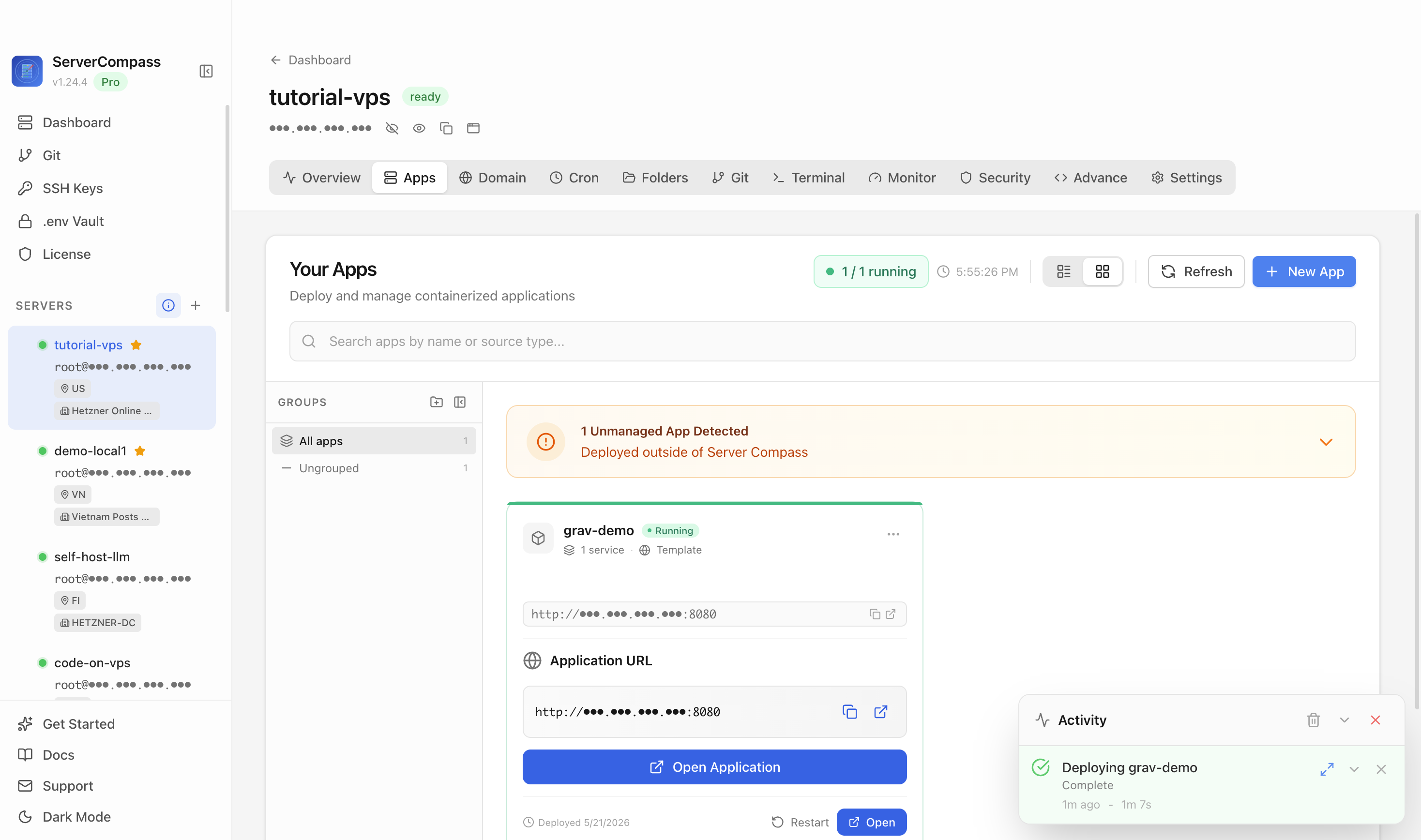 Grav template running in the Server Compass Apps tab