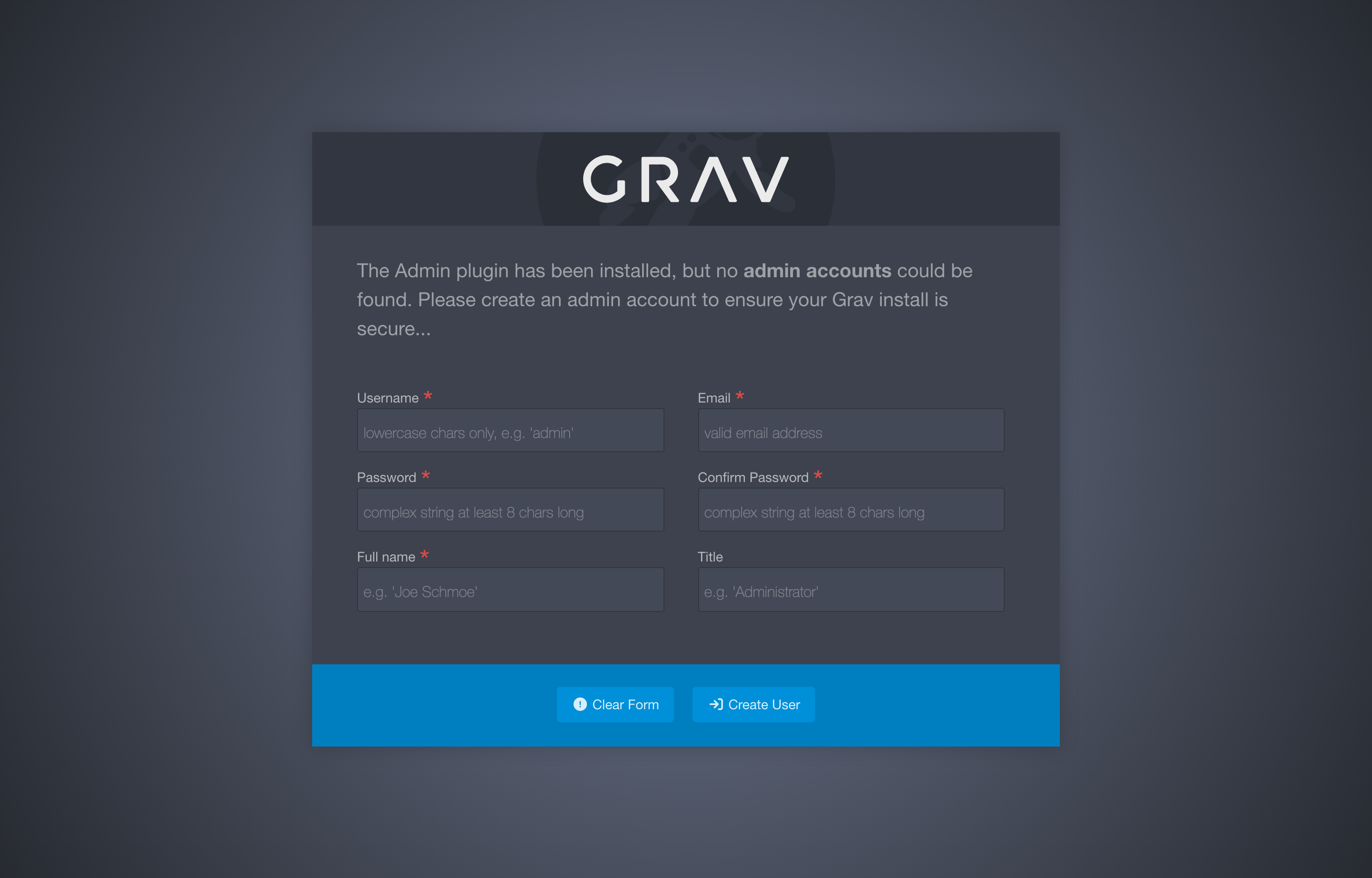 The deployed Grav first-run page loaded in a browser