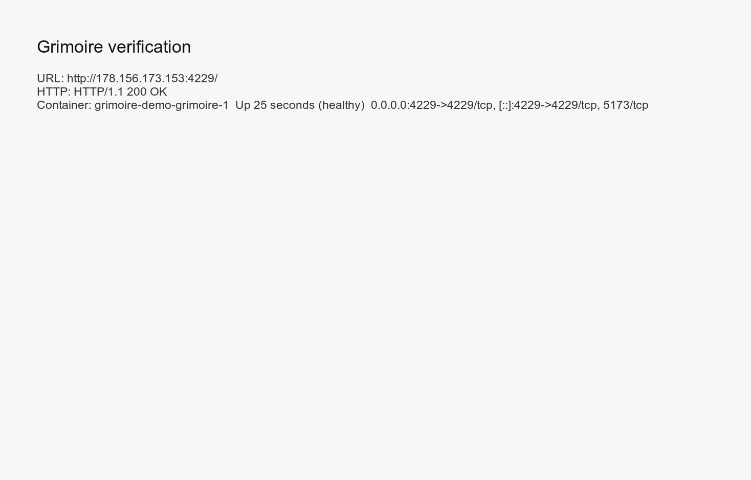 The deployed Grimoire web UI loaded in a browser