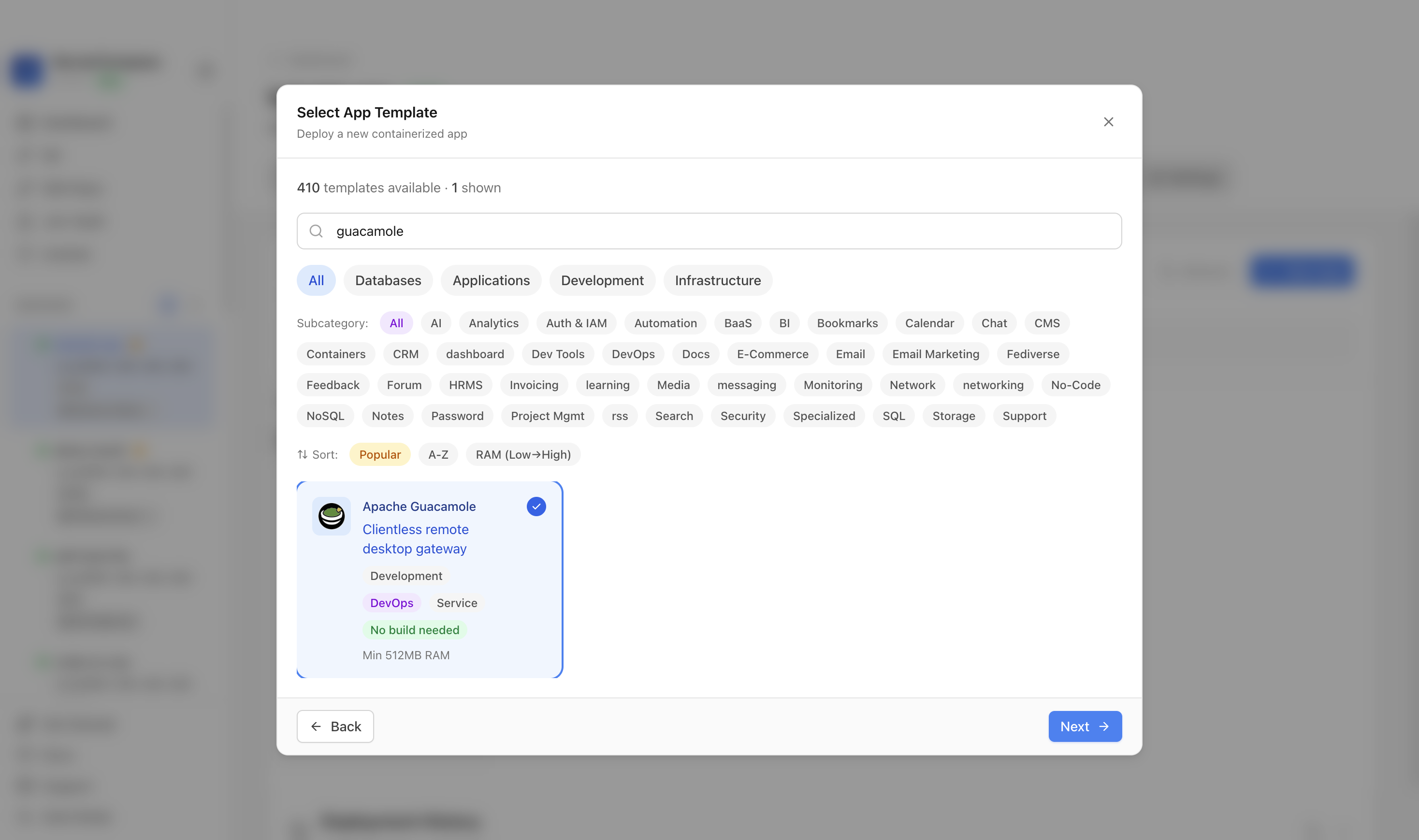 Apache Guacamole template selected in Server Compass