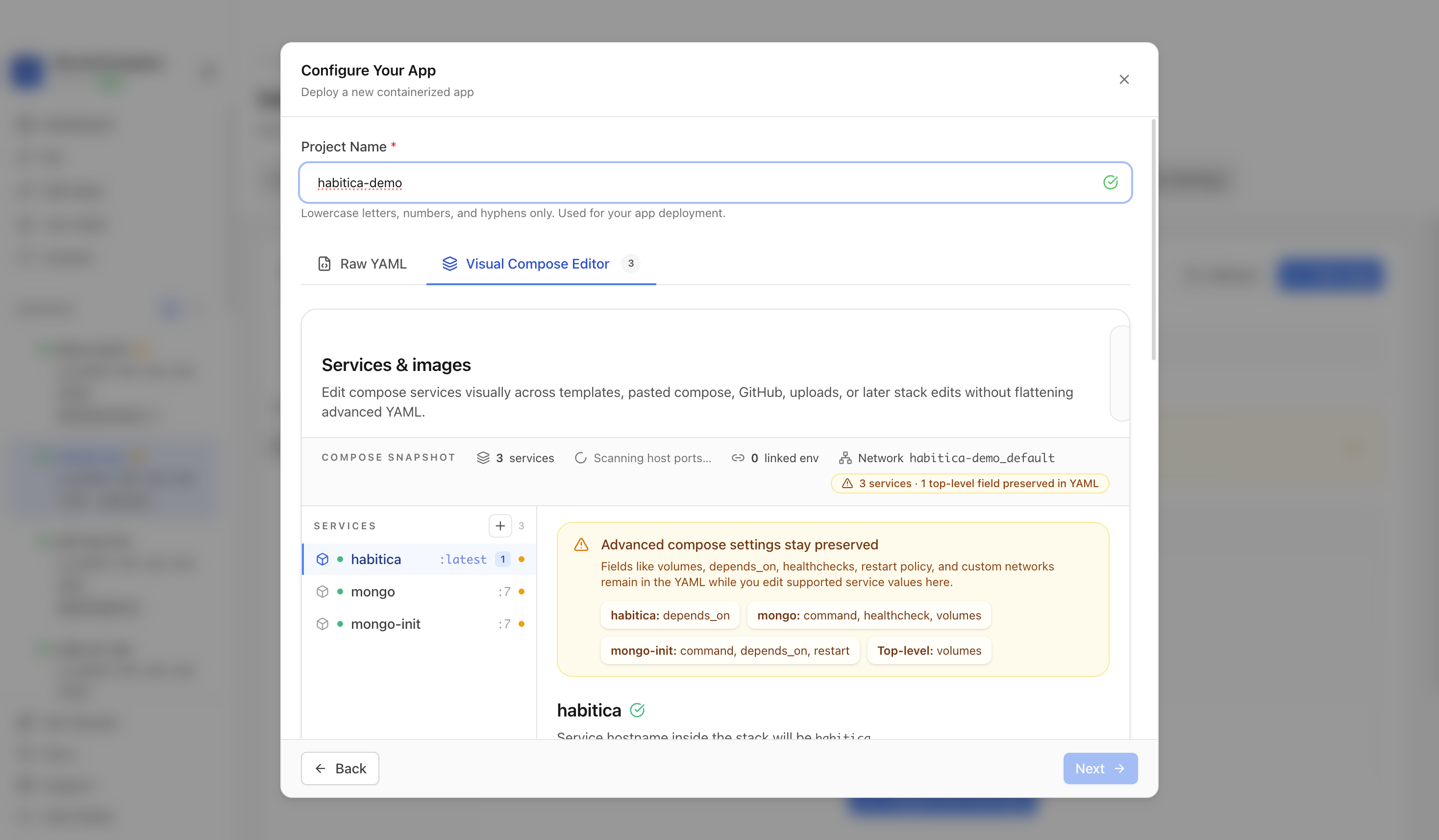 Reviewing Habitica project settings and compose service